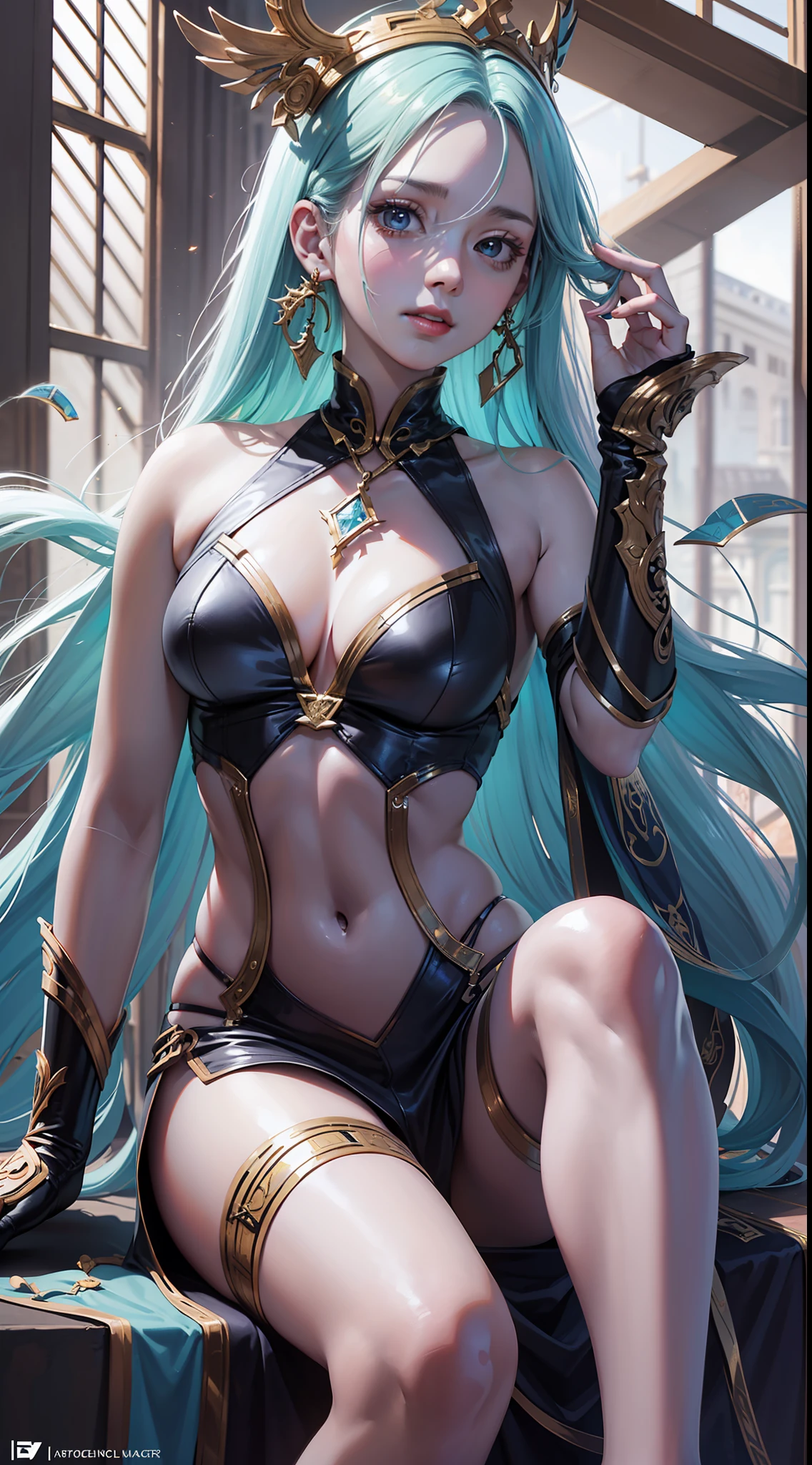 (8K, masterpiece, best quality, ultra-detailed:1.2), extremely detailed face,beautiful detailed eyes,beautiful detailed lips, film lighting, cinematic lighting, ray tracing, illustration, 

photon mapping, radiosity, High dynamic range,evening vivid and highly saturated colors, (fractal_art:1.2), fluid, spot colors, abstract, Knee Level-Shot below, 3/4 angle, wind, hair in the air, absurdly long hair, hard candy, porcelain skin, dynamic pose, haughty, deity,