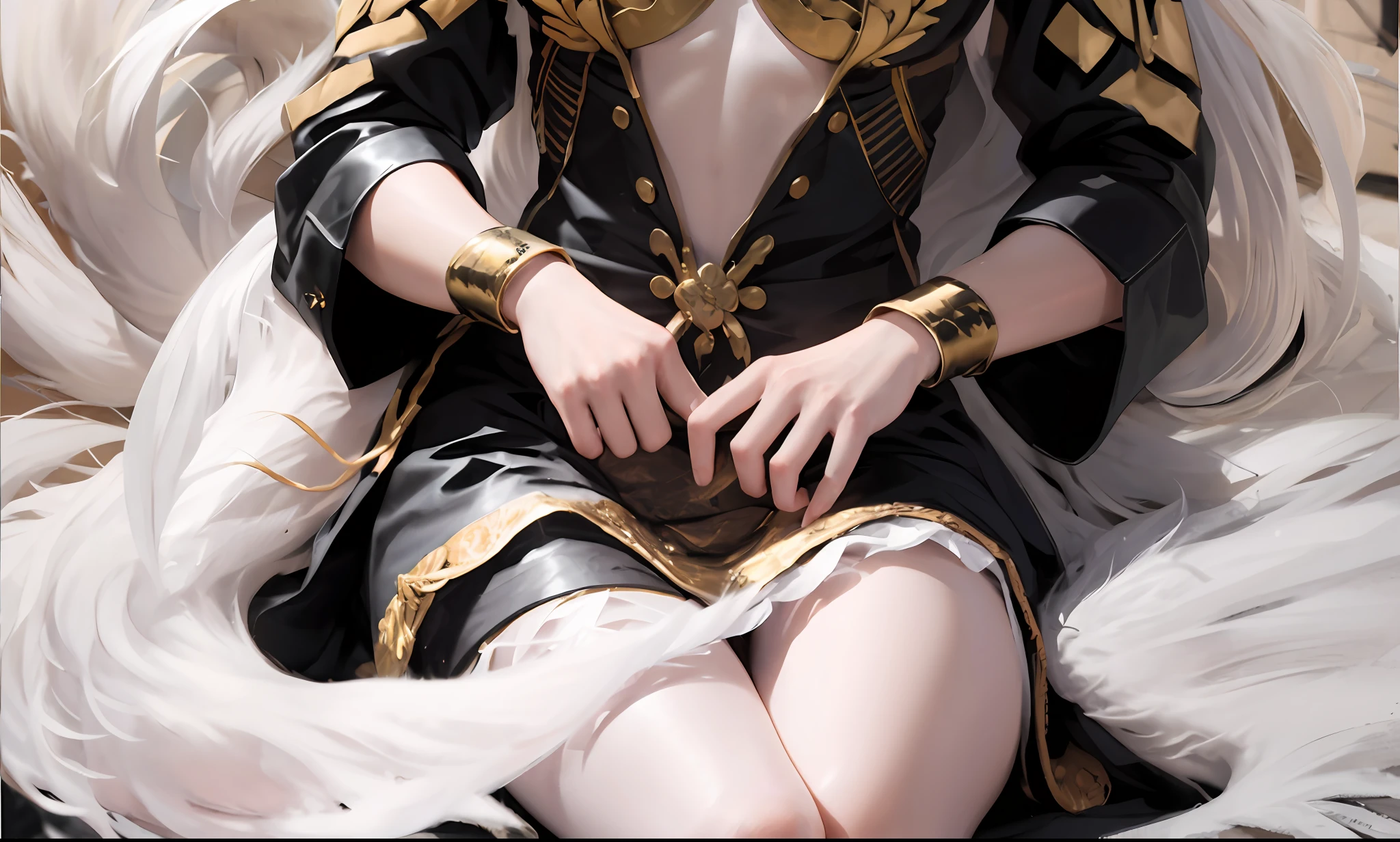 tmasterpiece,top-quality,Ultra-high sharpness,Black clothes,Gold metal decoration,delicate finger,Thick white tail detail,Behind him is a white fox tail,Nine Tails。