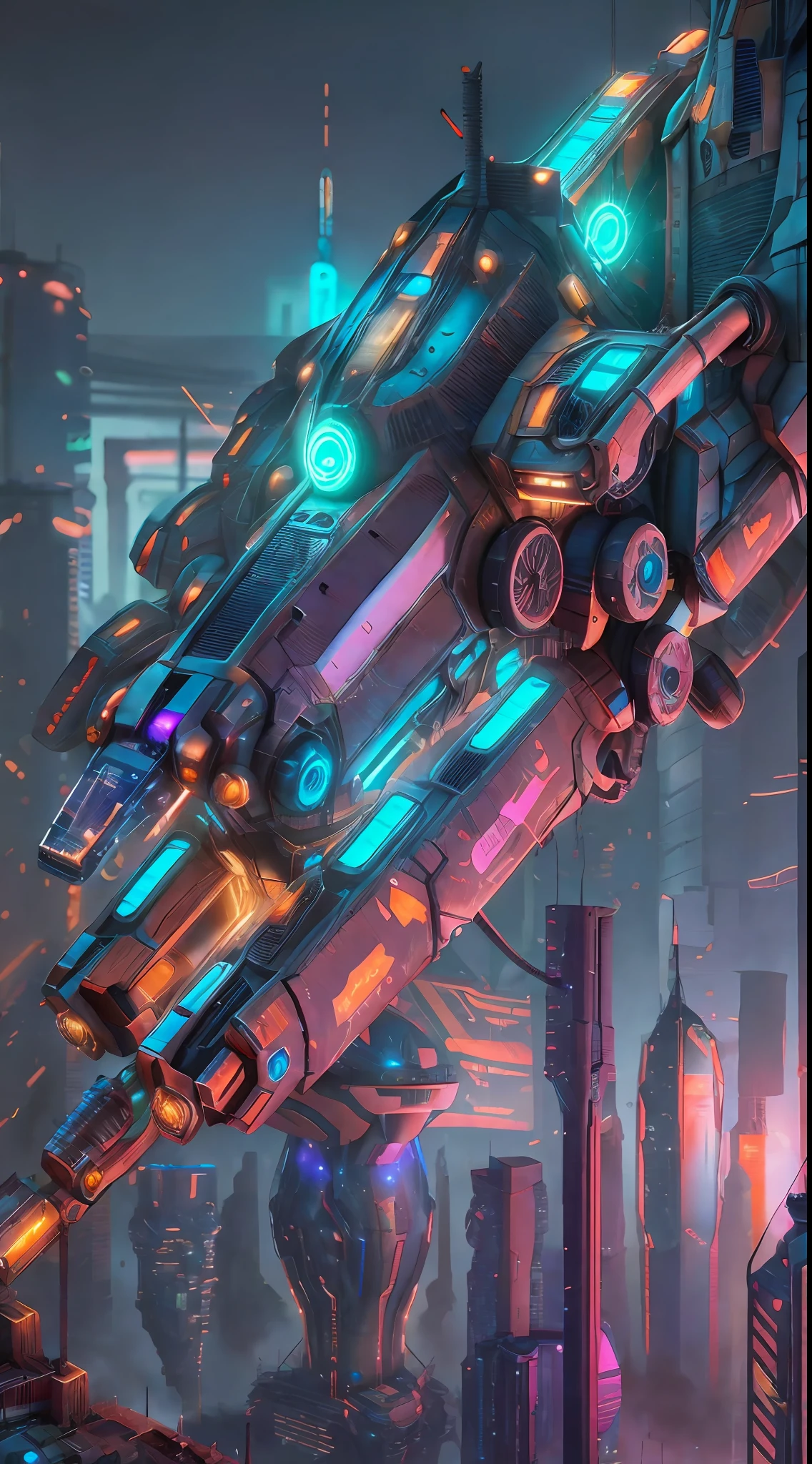 Cyberpunk, futuristic, mechanical aesthetics, complex machinery, high-tech lighting scene of futuristic city in the background, virtual engine 5,