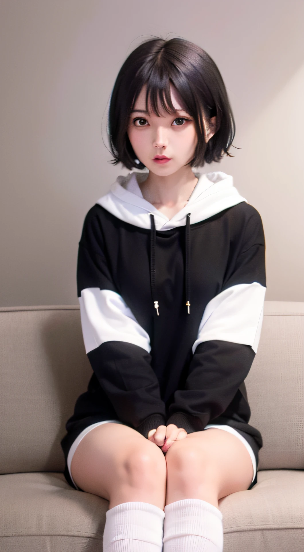 skinny short girl, cute, small breasts, thick thighs, black short hair, sitting down on sofa, white hoodie, shorts, thigh high socks