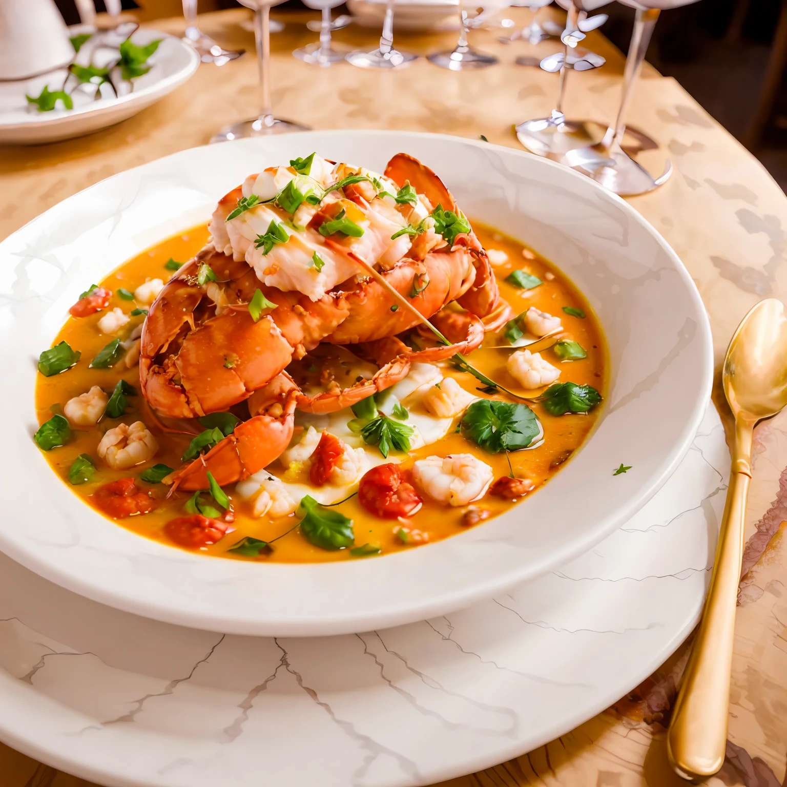 Lobster bisque ((masterpiece)), illustration, high detail, soft lighting, delicious, colorful, aesthetically pleasing, studio lighting, trend