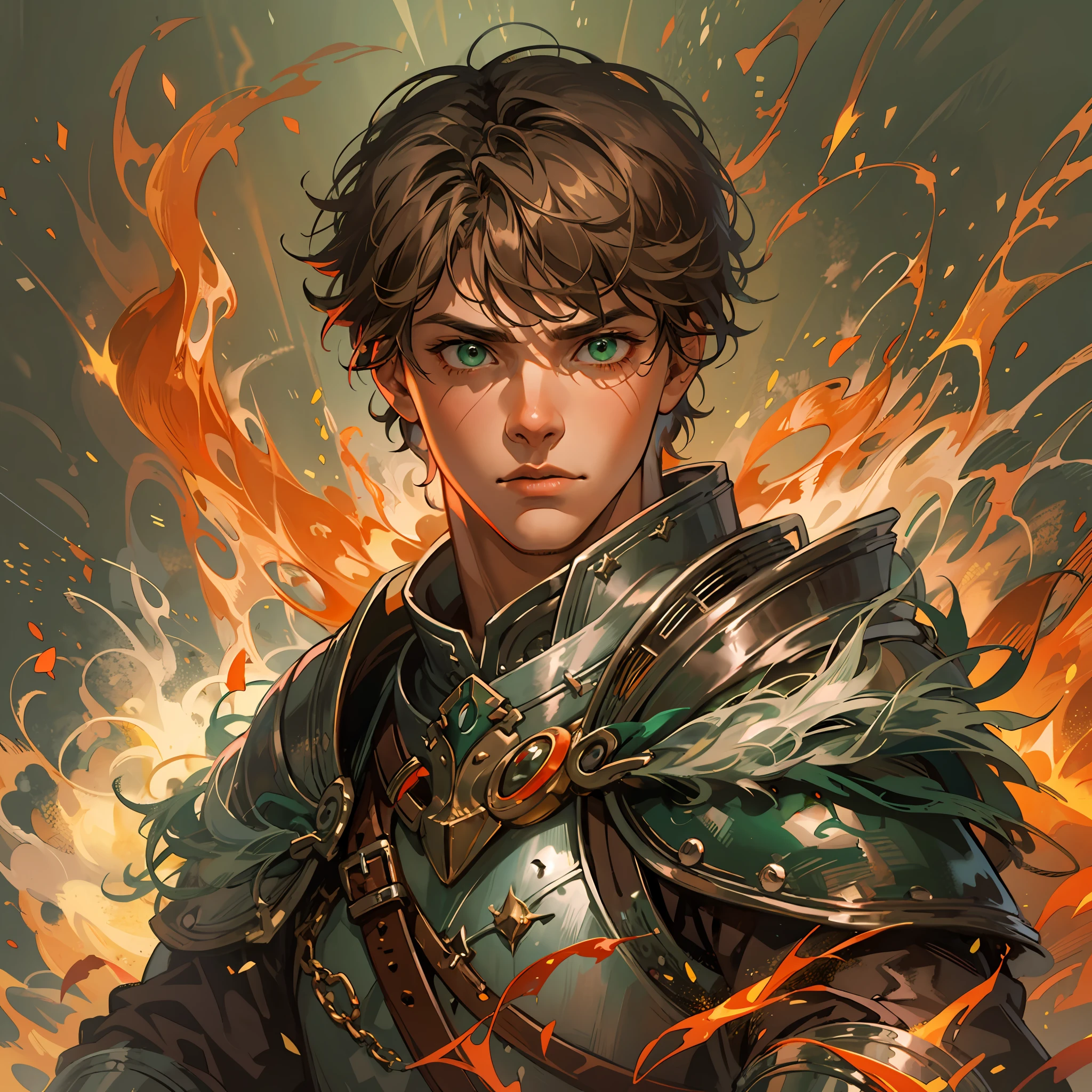 a **-****-*********** boy, 1 boy as a swordsman, sword, brown short hair, brown short hair parted in the middle, man's short hair, without a beard, without a goatee, no facial hair, silver colored medieval knight armor, red clothes, intense and vivid green magical flames that seem to burn with uncontrollable magical power, the flames should stand out with bright, luminous details, radiating green power and energy