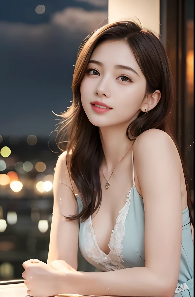 (8k, Best Quality, Masterpiece: 1.2), (Realistic, Photorealistic: 1.37), Super detailed, 1 girl, Cute, Solo, Beautifully detailed sky, Detailed cafe, Night, Sitting, Dating, ( Nose blush), (smile:1.15), (closed mouth), small breasts, beautiful fine eyes, night, wet, rain, floating hair NovaFrogStyle