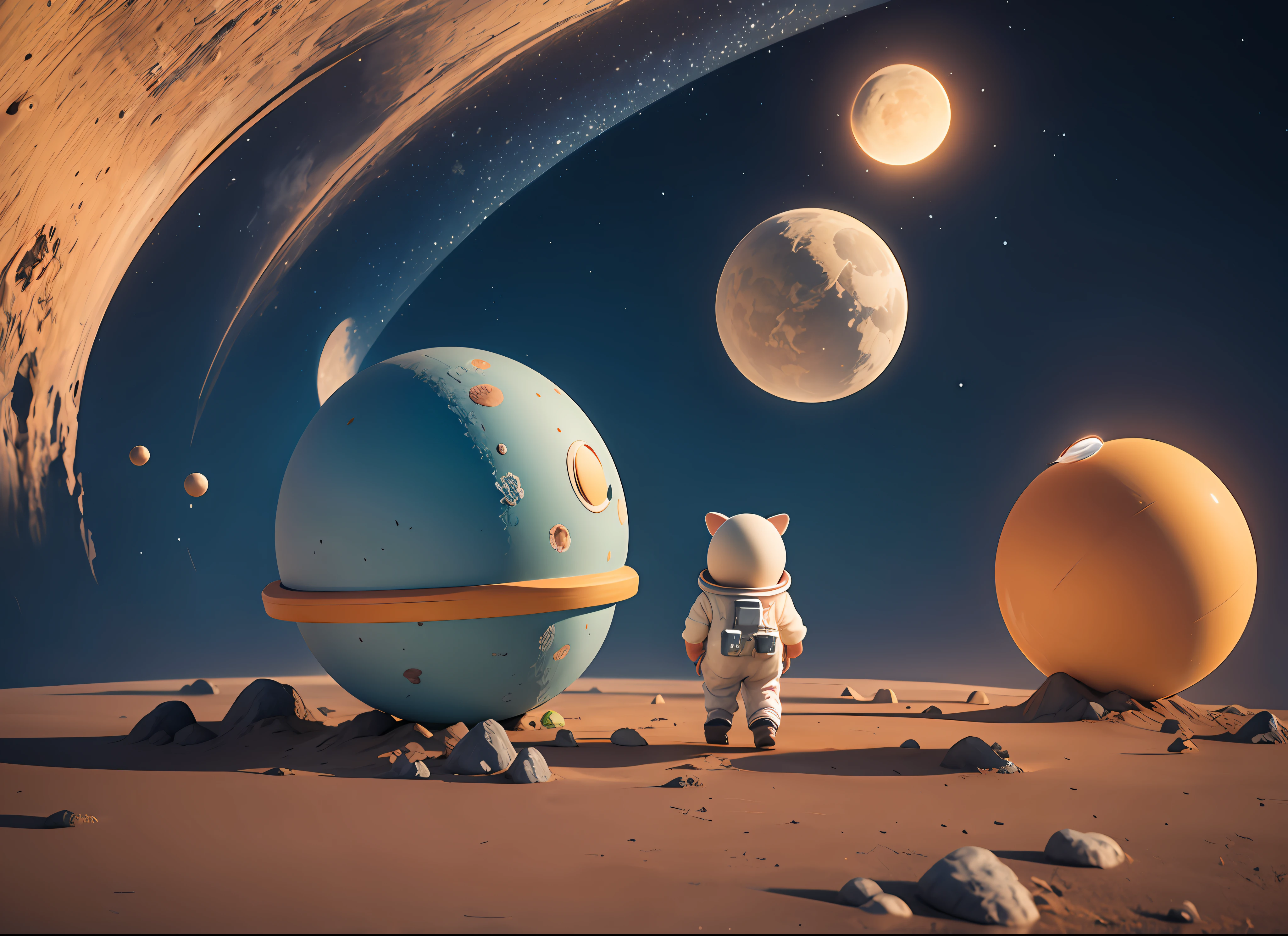 Um homenzinho com um capacete, renderizado em 3D, it's a boy, Wandering in space, ao lado de uma nave espacial, pode ver a terra e o sol,4k