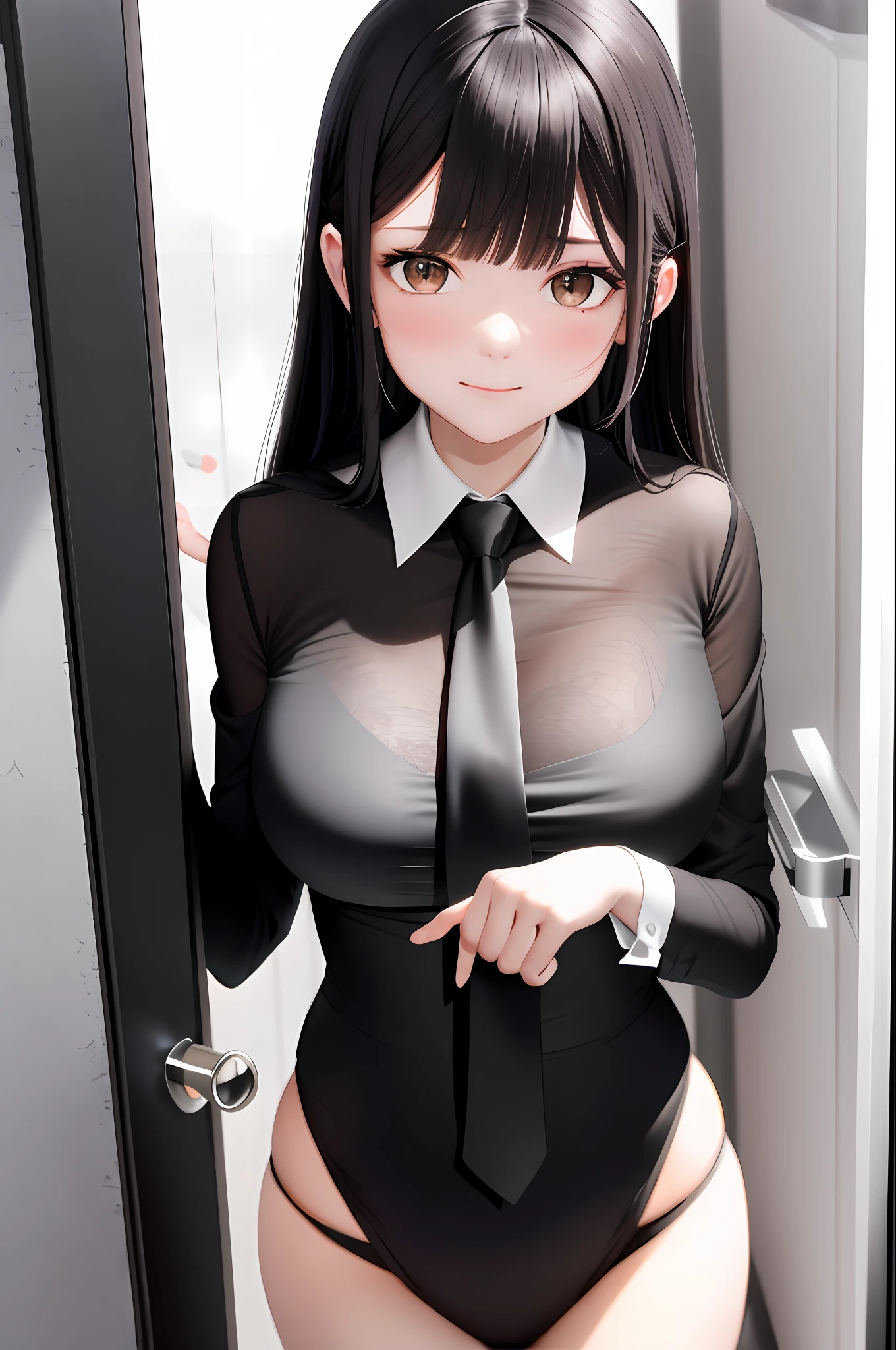 , Intricate, High detail, Sharp focus, Dramatic, Beautiful girl , (RAW photo, 8K UHD, filmgrain), Caustics, Subsurface scattering, Think about masterpieces,best qualtiy,ultra - detailed,illustratio,epic lighting,cinematic compositions,isometry,1girll,独奏,adolable,with brown eye,Black color hair,sweeping bangs,single hair,red hair clips,white under lingerie,black necktie,Transparent black underwear,formal,a captivating gaze,captivating posture,inside in room,office room,doors,Open the door,looking at viewert,peeking out upper body,Be red in the face,seduct smile,Shut your mouth,soaking wet(8K