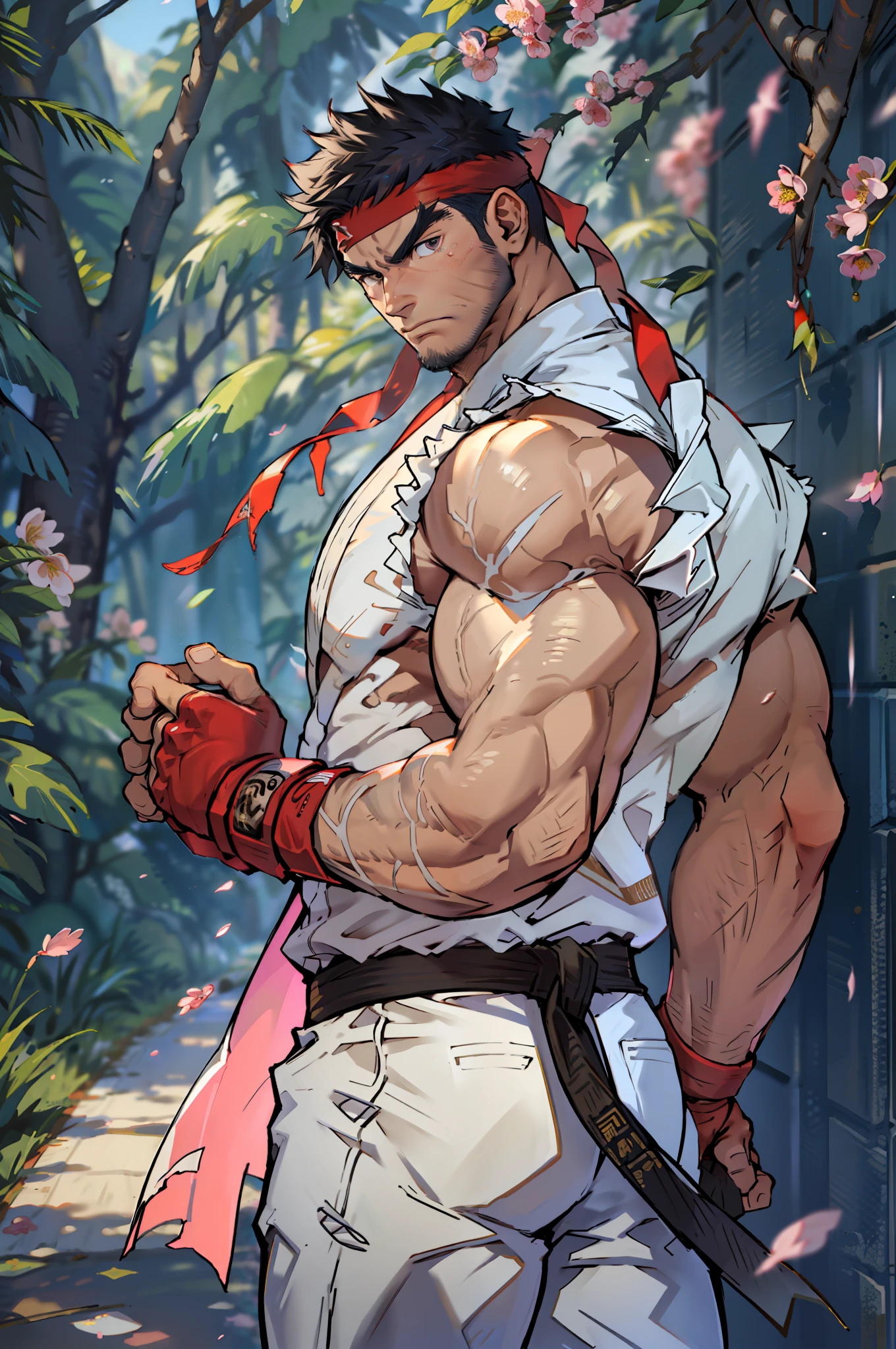 (masterpiece, best quality:1.2), cowboy shot, solo, male focus, 1boy, ryu \(sf\), middle age, serious, determined face, white skin, turning the back to viewer, head turn to viewer, black hair, black beard, detailed face tall, hunk, muscular, wide shoulder, big physique, scars on body, wearing big white Dougi, new white Dougi shirt, white Dougi pant, red headband, fingerless gloves, blue aura, cherry blossom in the background, high detailed