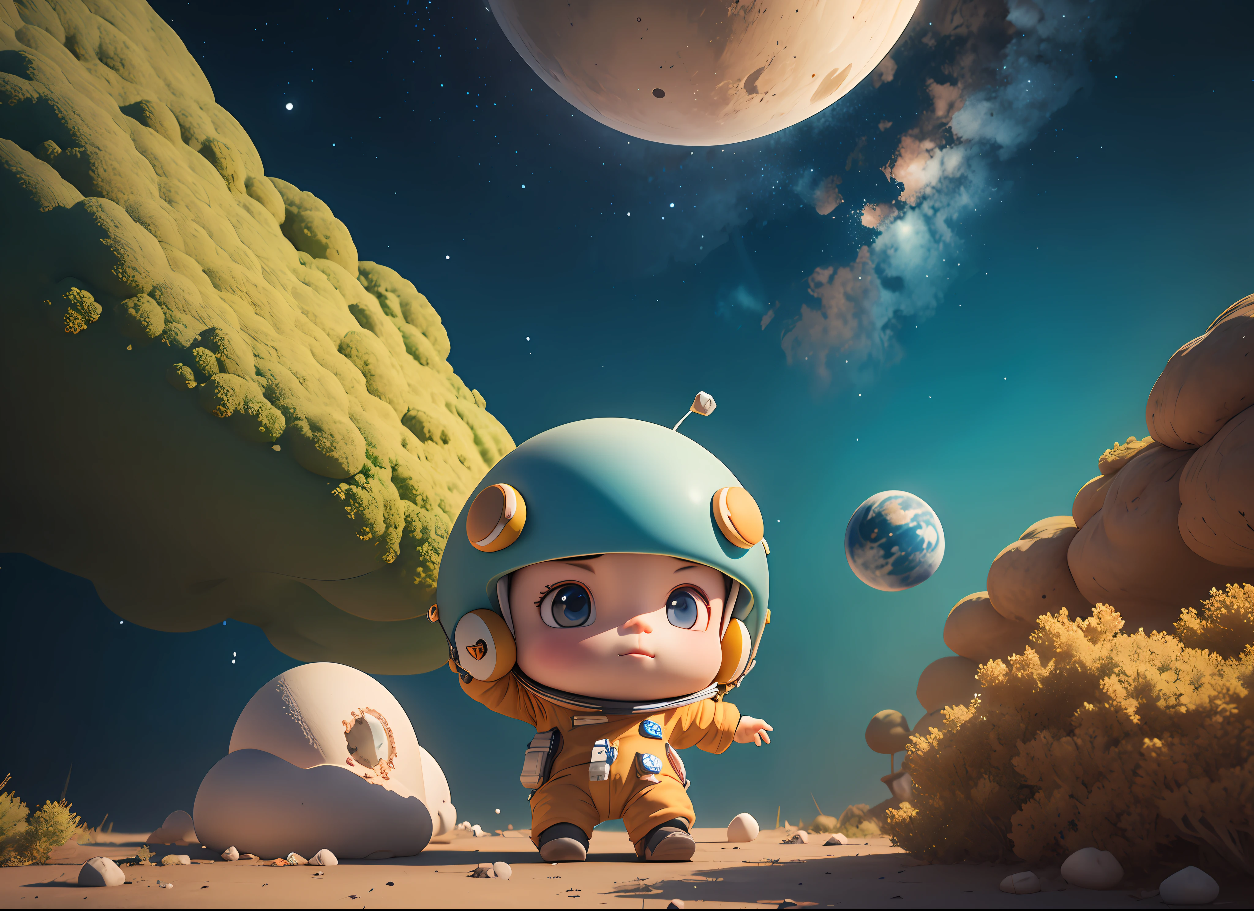 Um homenzinho com um capacete, renderizado em 3D, it's a boy, Wandering in space, ao lado de uma nave espacial, pode ver a terra e o sol,4k
