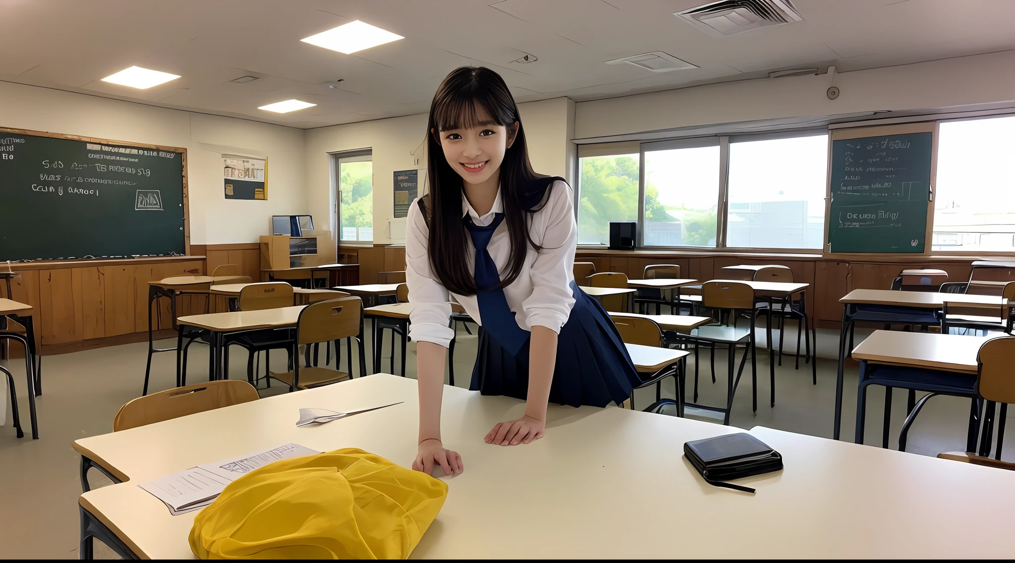 tack sharp focus，the detail，dramatics，delicate beautiful schoolgirl，white  shirt，Navy blue silk lead，Dark blue pleated miniature miniature，Raised sexy，ssmile，peeking at the viewer，The graphics are beautiful，bright schoolhouse，Full of students，showing whole body，。