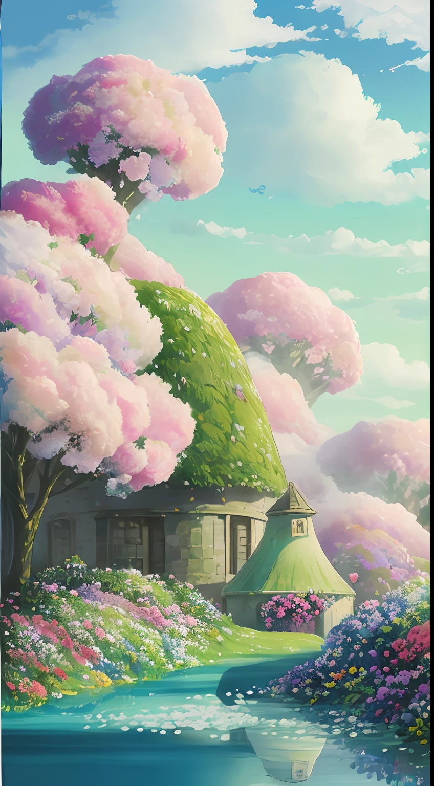 there is a vase with flowers and a white umbrella on a blue rug, cotton candy bushes, cotton candy trees, surreal waiizi flowers, nebulous bouquets, floral growth, flowers exploding and spraying, floral environment, with frozen flowers around her, with soft bushes, made of dried flowers, nature and floral aesthetics, flowers blooming, in the white clouds fairyland