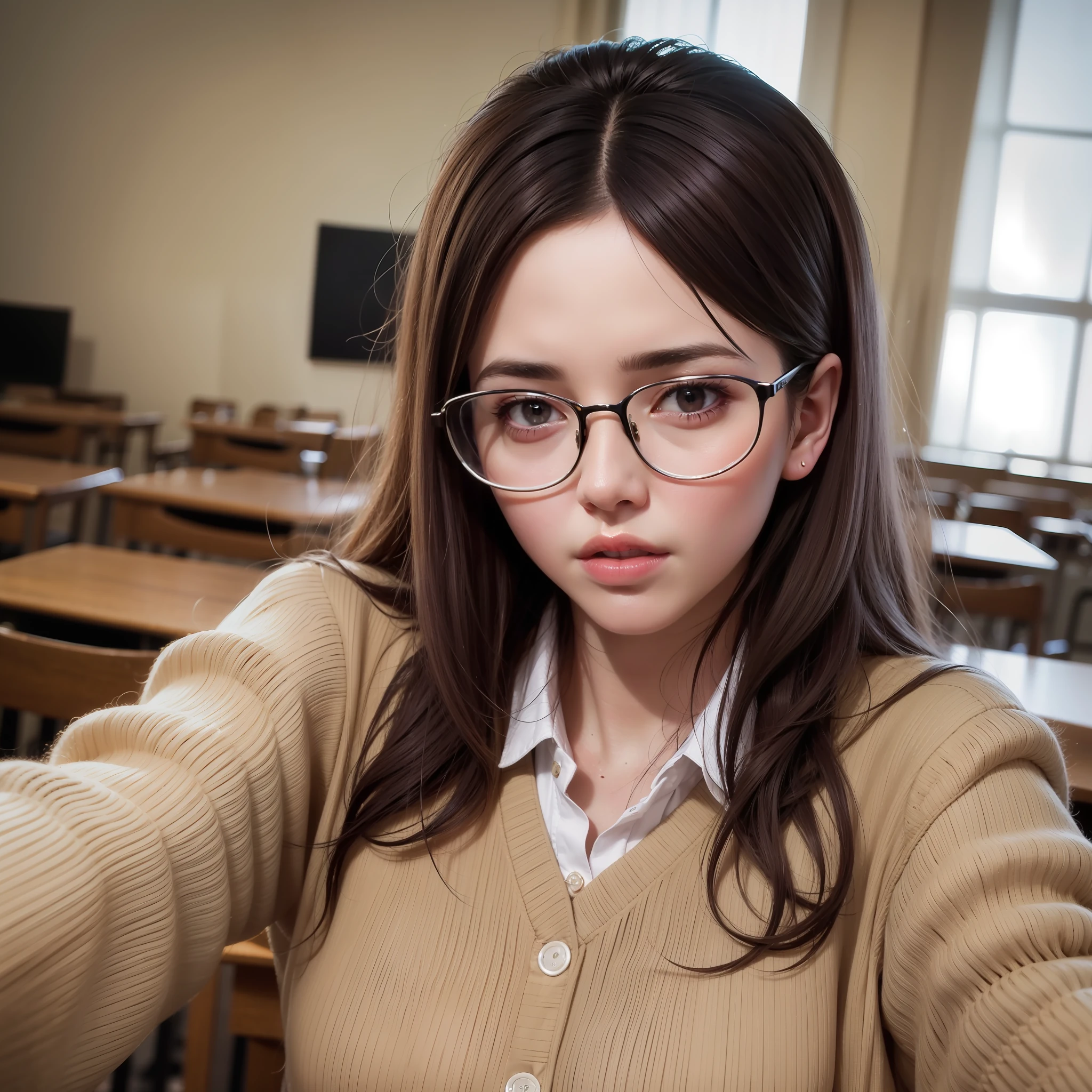 Margaret Qualley with glasses, , in class, selfie, high quality, highres, detail enhancement, 8k, high resolution