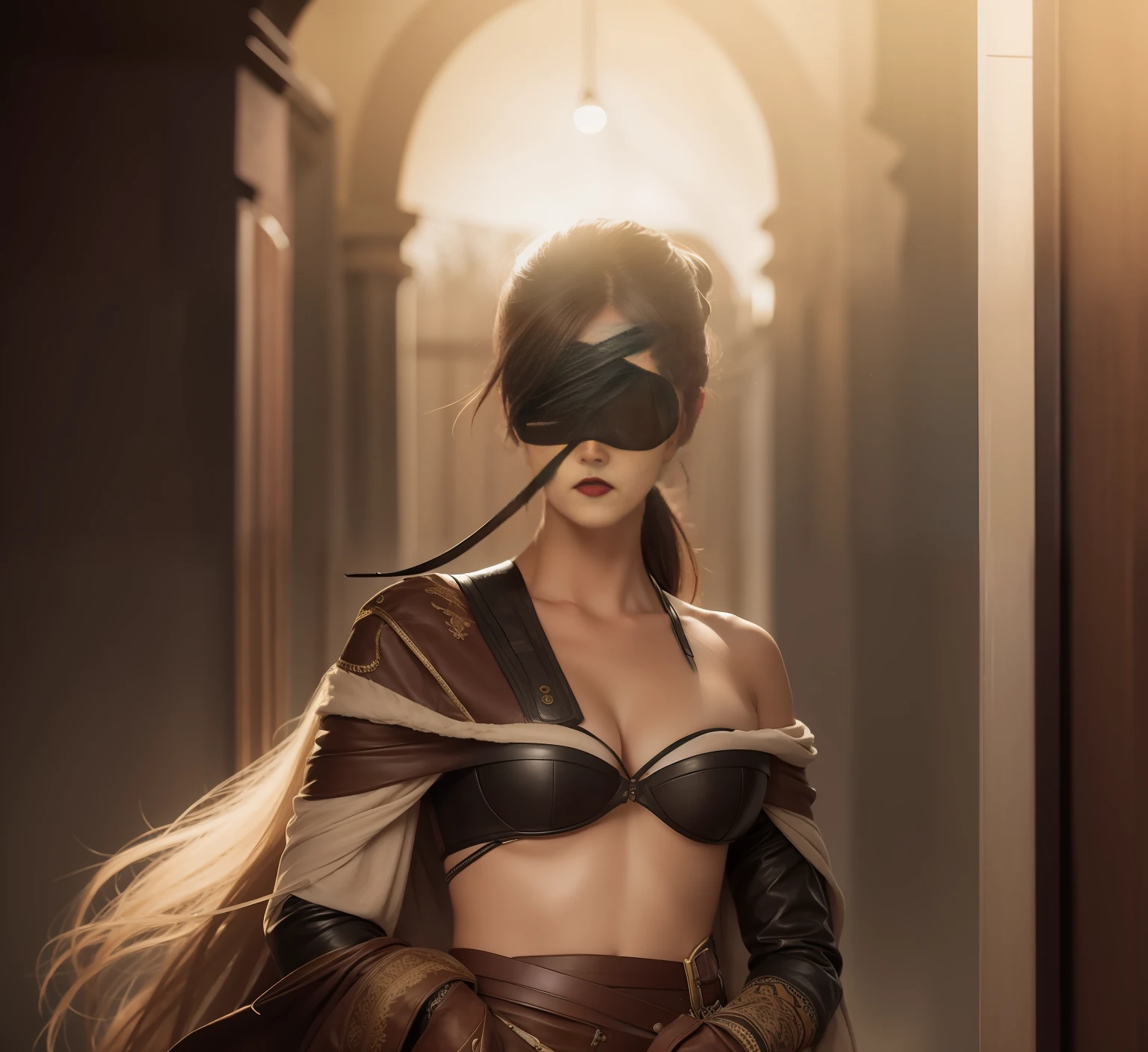 Woman, masterpiece, realistic, natural color, adult female, beautifull, medium breast, wearing an eyepatch, closing eyes