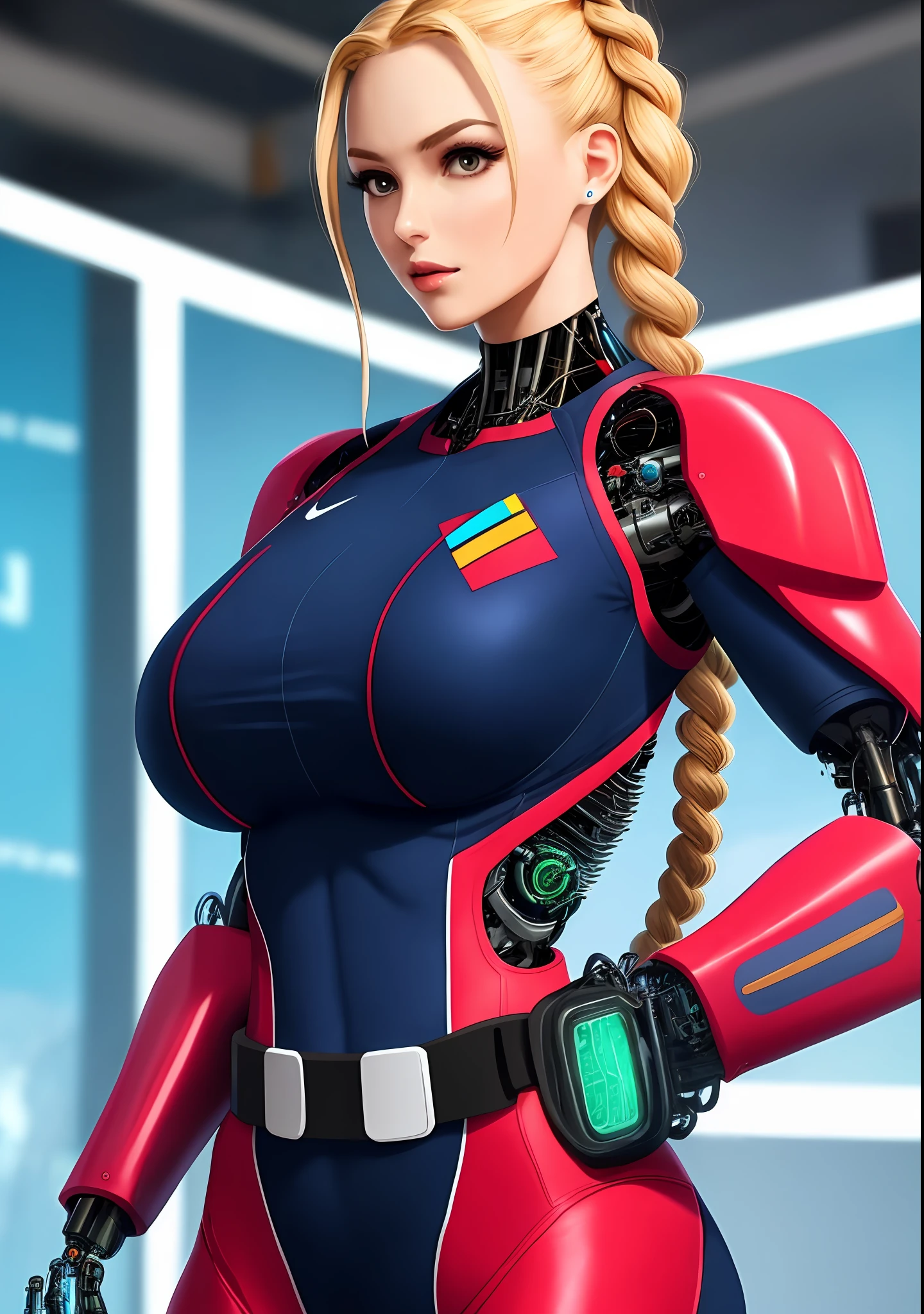 Sexy Athletic Woman Body Big Breasts Military Uniform Cybernetic Arm Blonde Hair with Braids