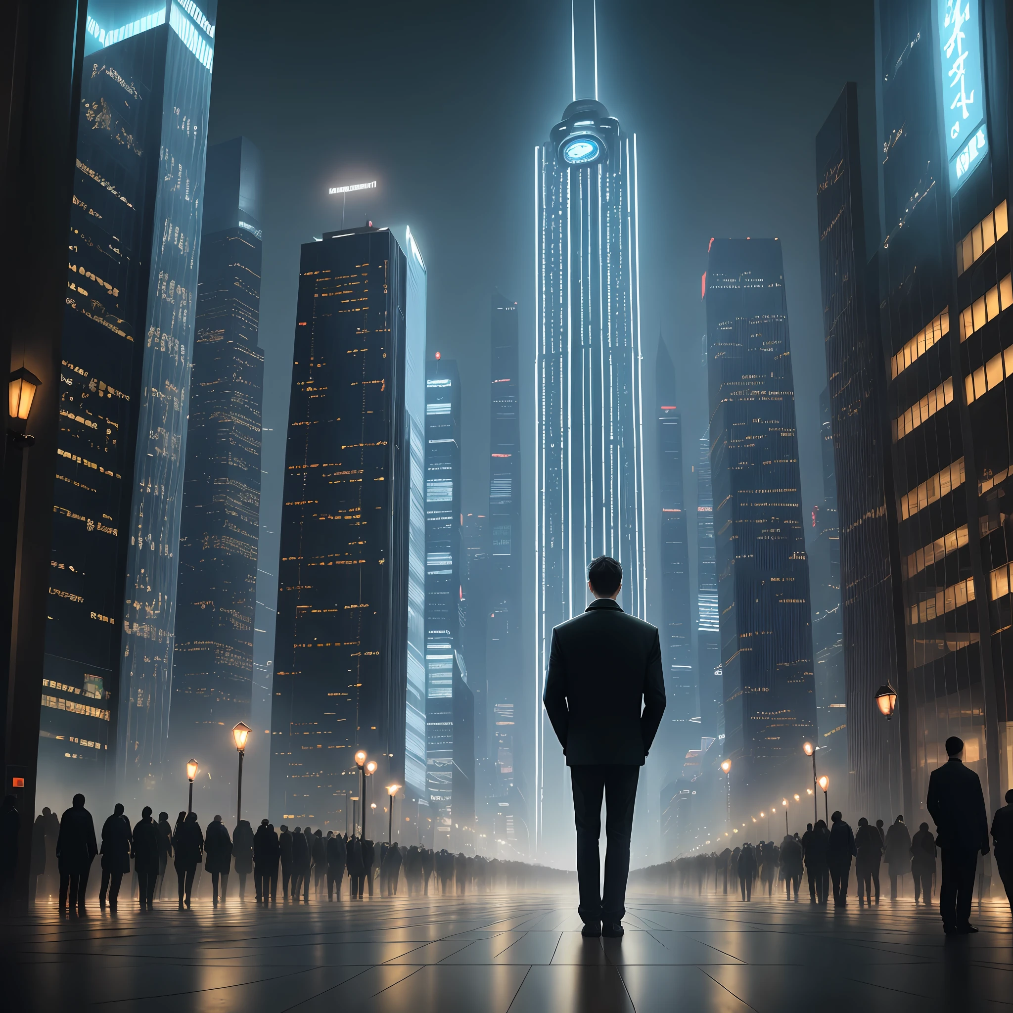 lonely young man with piece of paper with text, surreal metropolis, night lights, city square, skyscrapers , Chinese lamps, crowd of people, hyperrealism, holding a kettlebell, full body