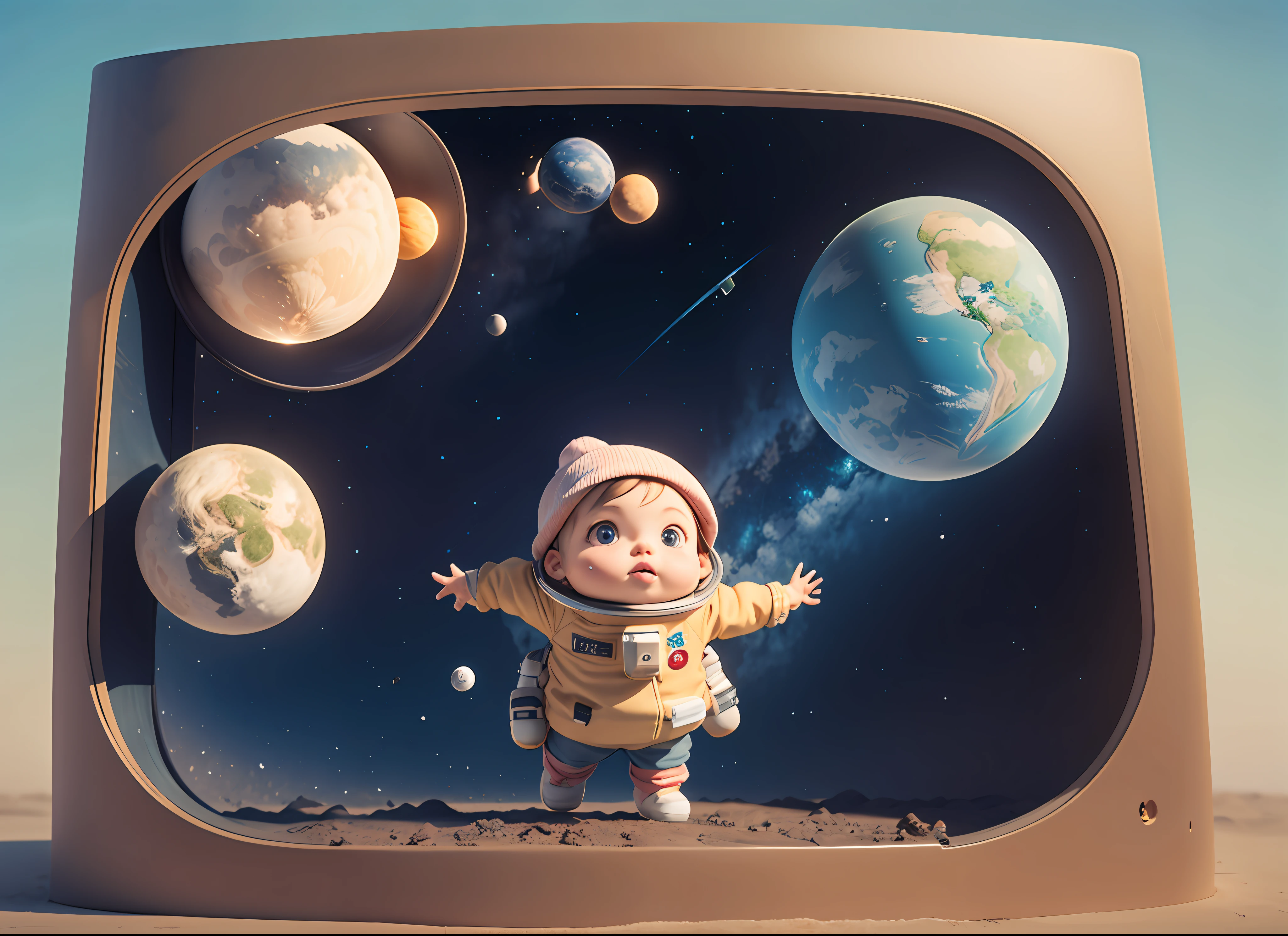 Um homenzinho com um capacete, renderizado em 3D, it's a boy, Wandering in space, ao lado de uma nave espacial, pode ver a terra e o sol,4k
