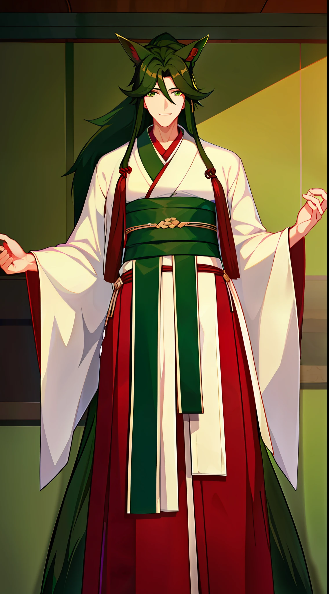 Tall guy, long dark green hair, Green eyes, Hanfu, ssmile, wolf ears, Masterpiece, hiquality