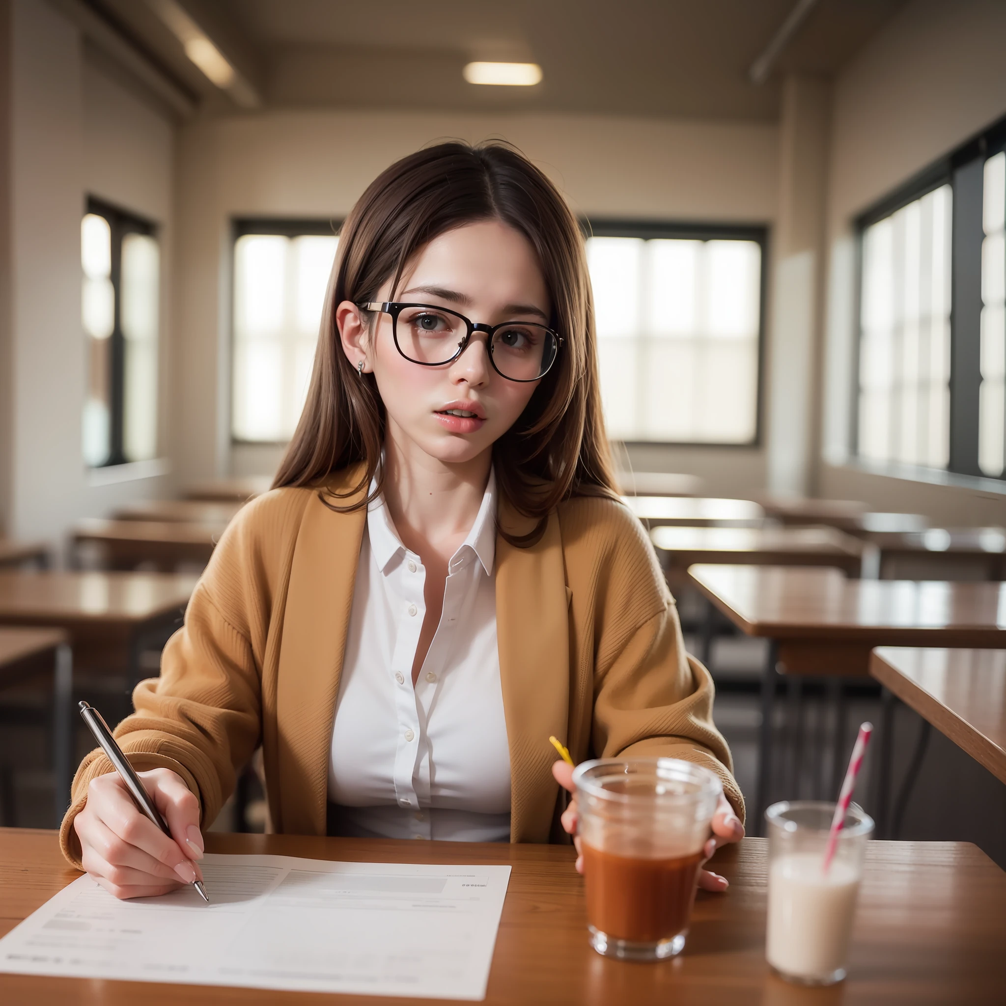 Margaret Qualley with glasses, , in class, selfie, high quality, highres, detail enhancement, 8k, high resolution