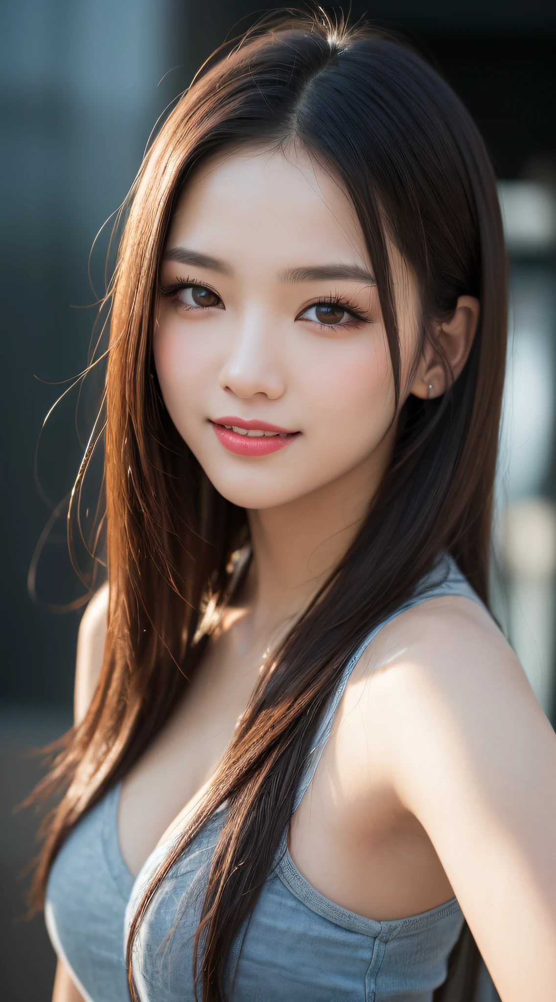 1 person woman,独奏, Close-up of the face、 (Photo Real:1.4), (hyper realisitic:1.4), (realisitic:1.3), (Smooth lighting:1.05), (Improve video lighting quality:0.9), 20 years girl, Realistic lighting, Back lighting, (cheerfulness:1.2), (Improved image quality:1.4), (Finest Real Textured Skins), Narrow-eyed, Super fine face, ssmile, Double eyelids, close up of face, hposing Gravure Idol, Red to teak, eyeshadows、lipsticks、glowy skin, selfee, Ray tracing, reflective light, F/1.2, 135 mm, NIKON, nffsw, nffsw, retinas, tre anatomically correct, ccurate, Super Detail, Textured skin, High quality, high details, Best Quality, hight resolution, 1080p,