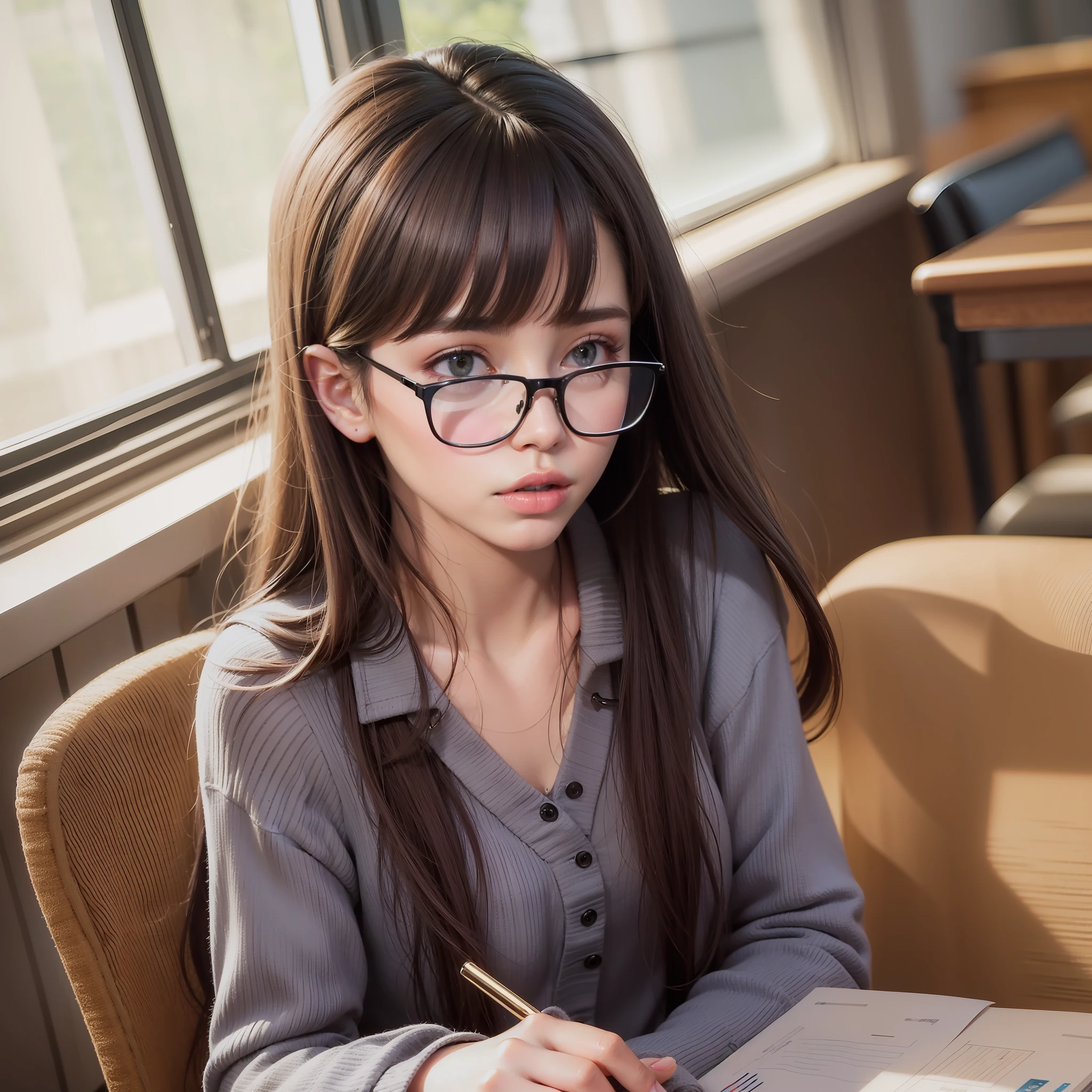 Margaret Qualley with glasses, , in class, selfie, high quality, highres, detail enhancement, 8k, high resolution