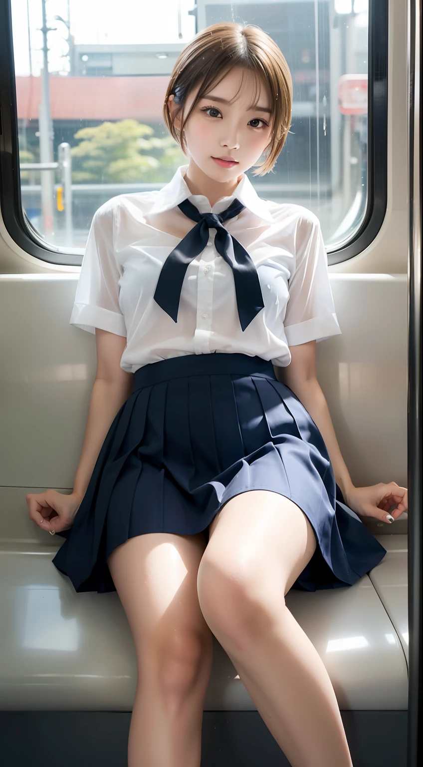 Japanese Girls、18歳の女の子、ple short hair、Blond Hair、bangs、BROWN EYES、Perfect figure、Sense of transparency、luster、gloss、modest chest、School Uniforms、Navy blue ribbon、Light blue shirt、Navy blue skirt、Guangyue、Burning body、hposing Gravure Idol、On the train、Beautiful feet、Strong sunlight、Nasty、Rain-drenched body、wet