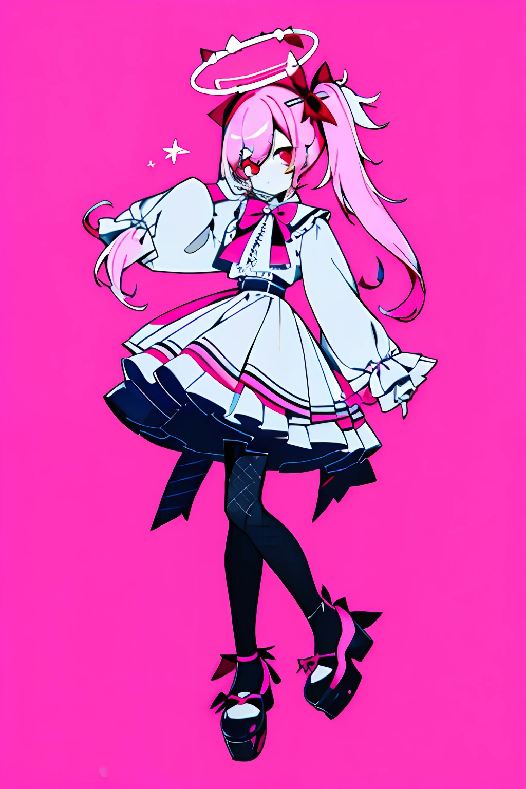 tmasterpiece，Best quality at best，1girl，独奏，long whitr hair，looking_at_viewer，By bangs，a skirt，The shirt，Pink hair，longer sleeves，Bow knot，ribbons，side pony tail，hair_bow，inner strength，lacepantyhose，frilld，shoe，choker，bluntbangs，Pink skirt，red eyes，Halo，Pink background, frilled_skirt, pink_bow, fishnets,pink_shirt,platform_footwear, pink_theme, pill, jirai_kei, monochrome,