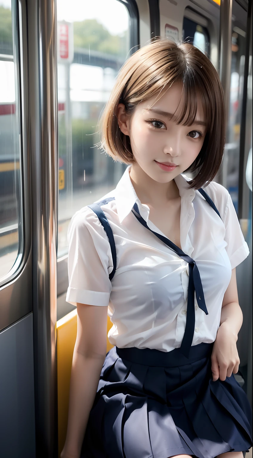 Japanese Girls、18歳の女の子、ple short hair、Blond Hair、bangs、BROWN EYES、Perfect figure、Sense of transparency、luster、gloss、modest chest、School Uniforms、Navy blue ribbon、Light blue shirt、Navy blue skirt、Guangyue、Burning body、hposing Gravure Idol、On the train、Beautiful feet、Strong sunlight、Nasty、Rain-drenched body、wet
