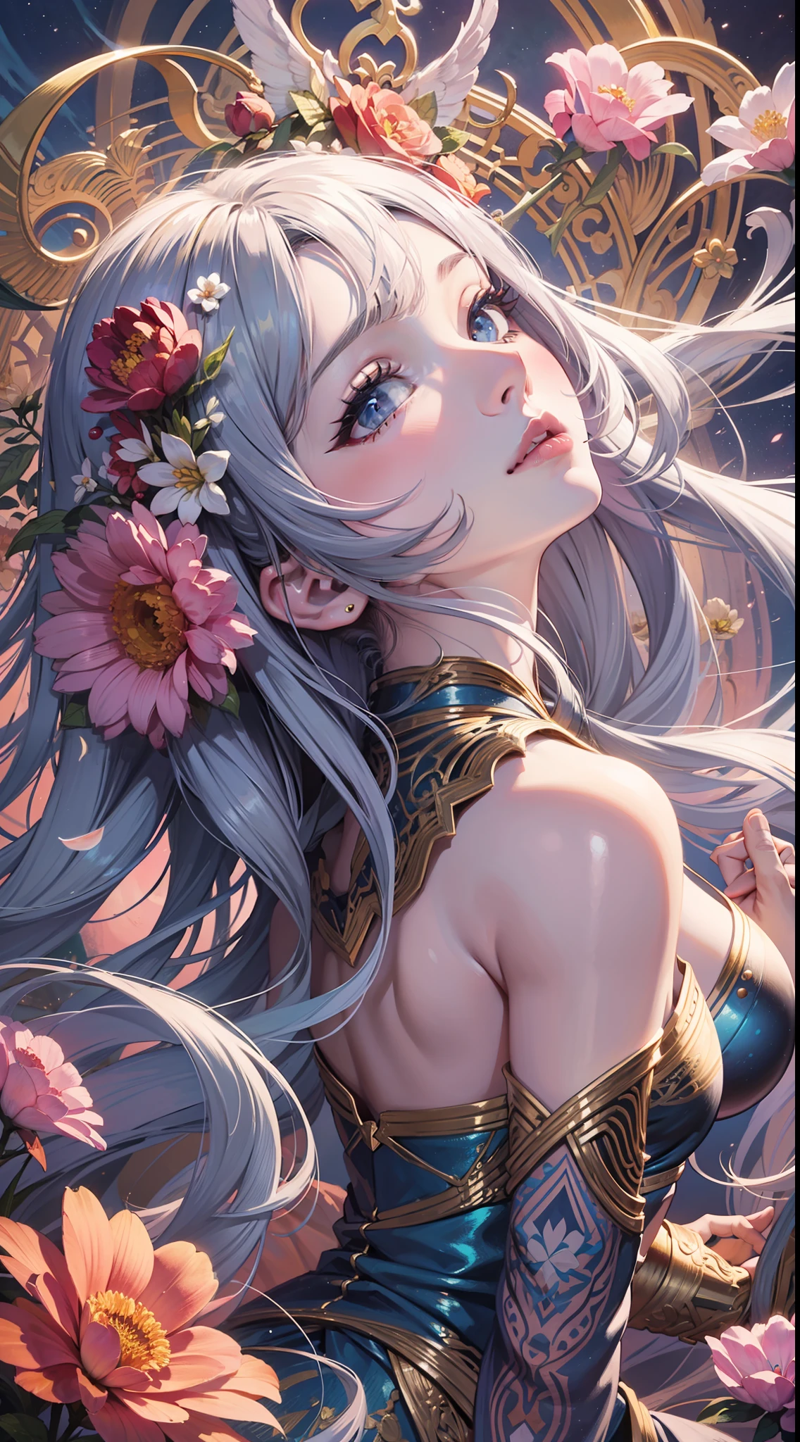 official art, unity 8k wallpaper, ultra detailed, beautiful and aesthetic, (best quality, masterpiece), (zentangle, mandala, tangle, entangle), ecstasy of flower,(1girl),long hair, jewelry in hair, extremely detailed, dynamic angle, (floating hair), (looking up), (dancing), Fairy spirit, (1 white rabbit), Tang style Palace, flying to the Moon, cloud, flower,