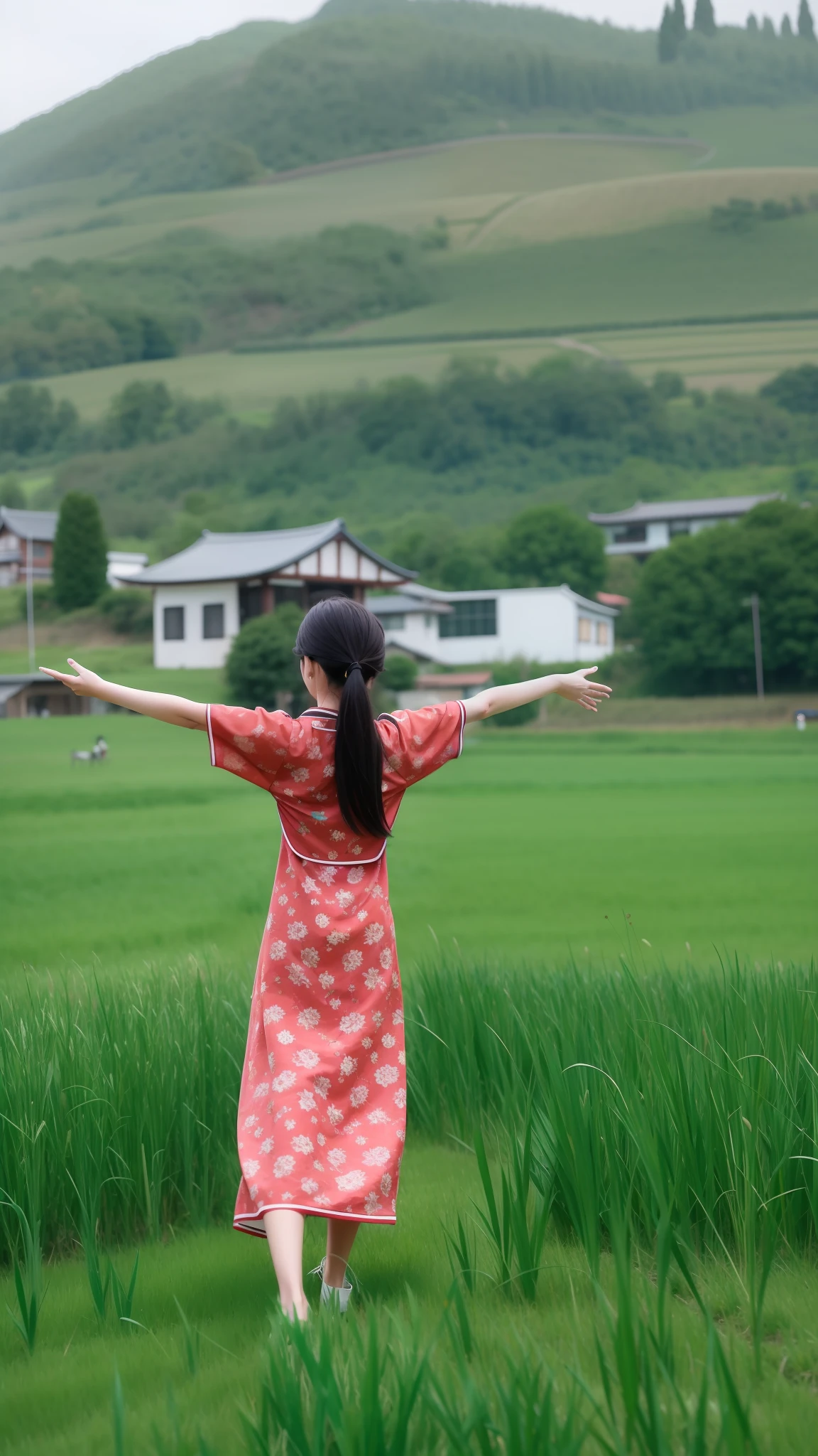 There was a woman standing in the field with her arms outstretched, in a open green field, standing in grassy field, On a sunny day, korean countryside, In the countryside, panoramic view of girl, Wearing a red cheongsam, girl walking in wheat field, standing in grassy field, Chinese girl, Chinese woman, countryside in japan