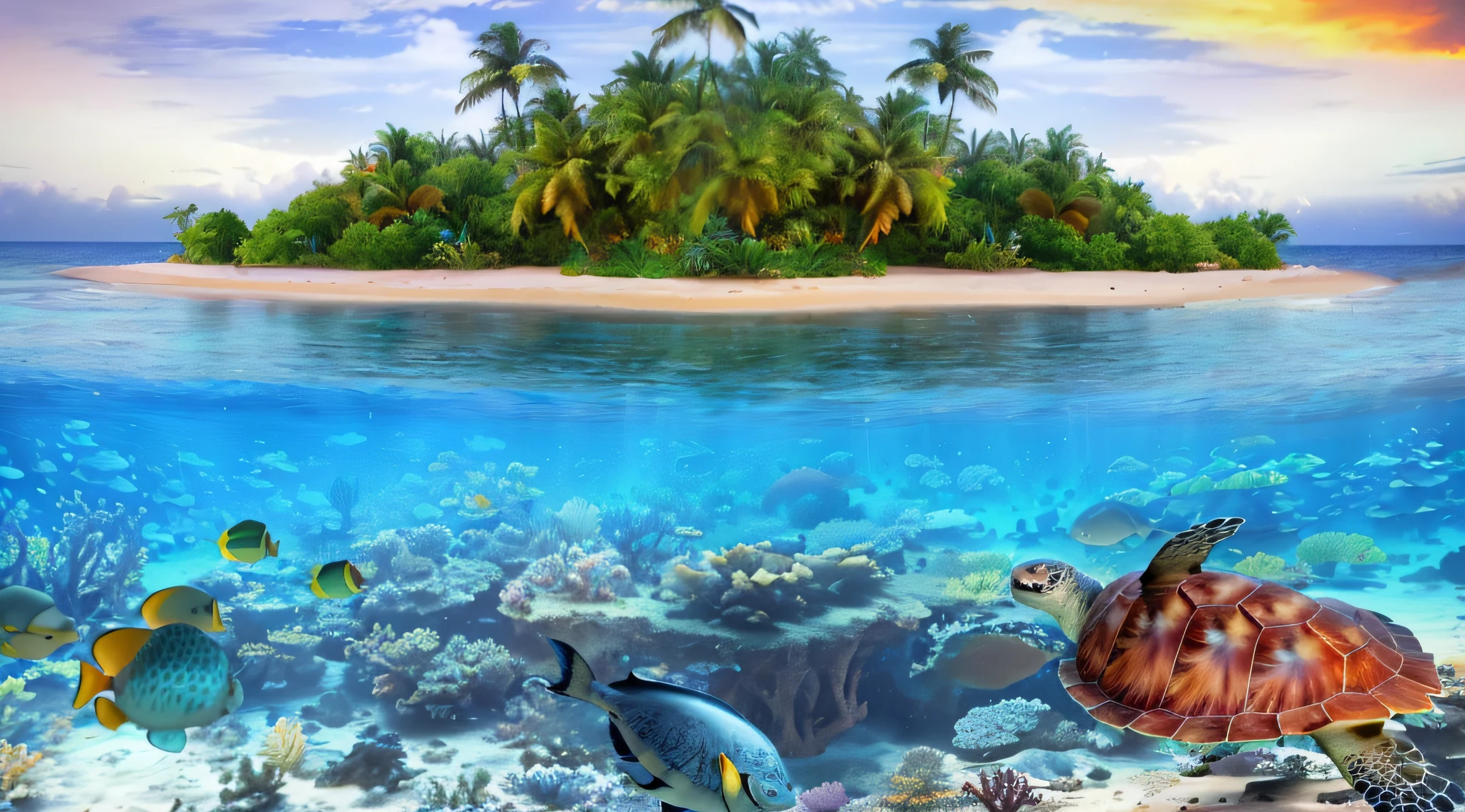 tropical island,Turtles and fish in the ocean, a digital rendering by John Luke, shutter inventory, dreamlike realism, tropical reef, tropical ocean, Tropical paradise, tropical beach paradise, underwater scenery, very detailed paradise, Island background, tropical island, the reef, the reef, tropical sea creatures, tropical climate, realistic ocean, Sea backgroun, tropical background