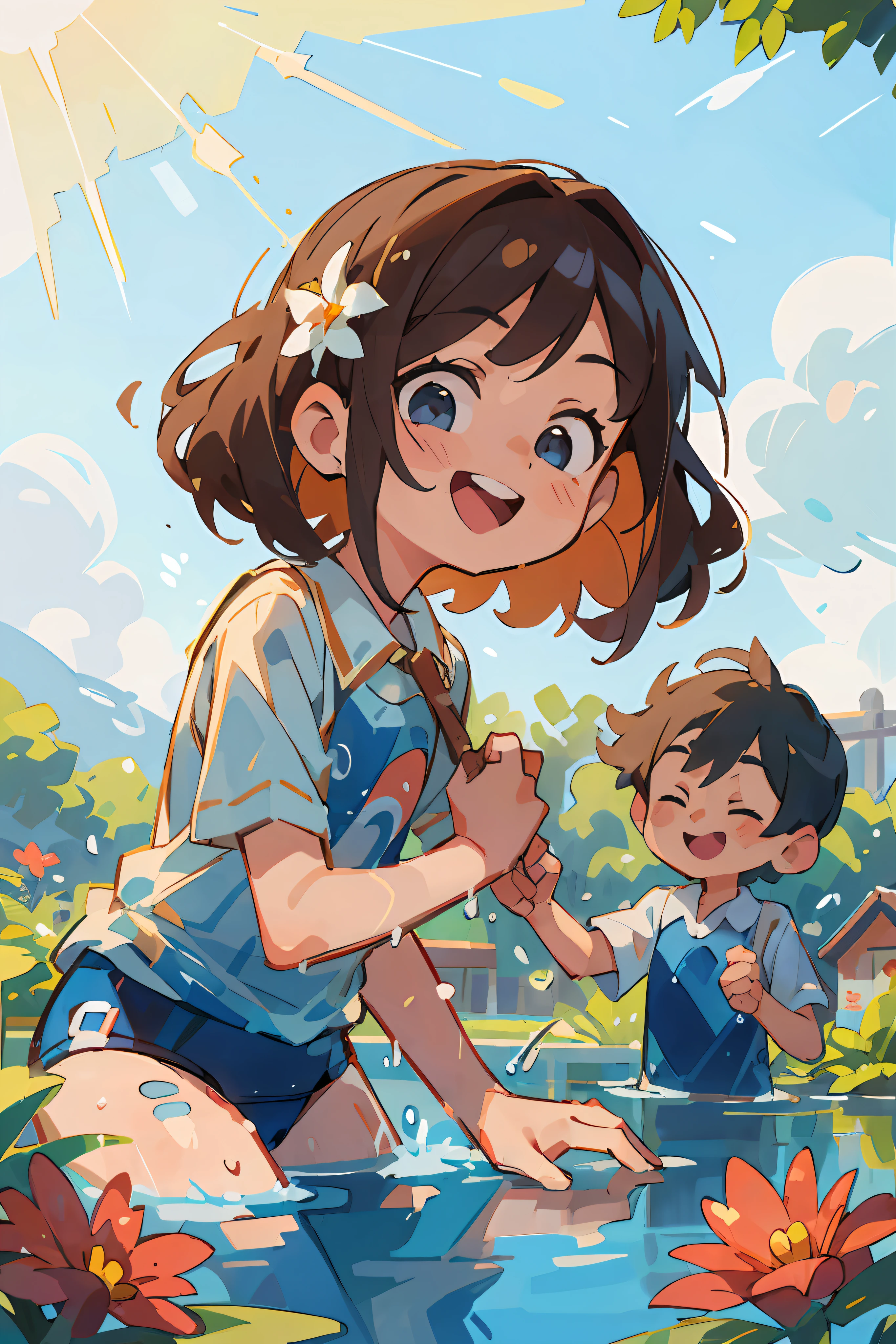 (tmasterpiece,best qualityer, Characters playing in the water):The family plays in the crystal clear swimming pool,Smiling,Fine facial features,Splashes,Gorgeous swimsuit,The lake is full of flowers,Clouds float,The sun is shining golden,Blue sky clean,A fun-filled summer day。