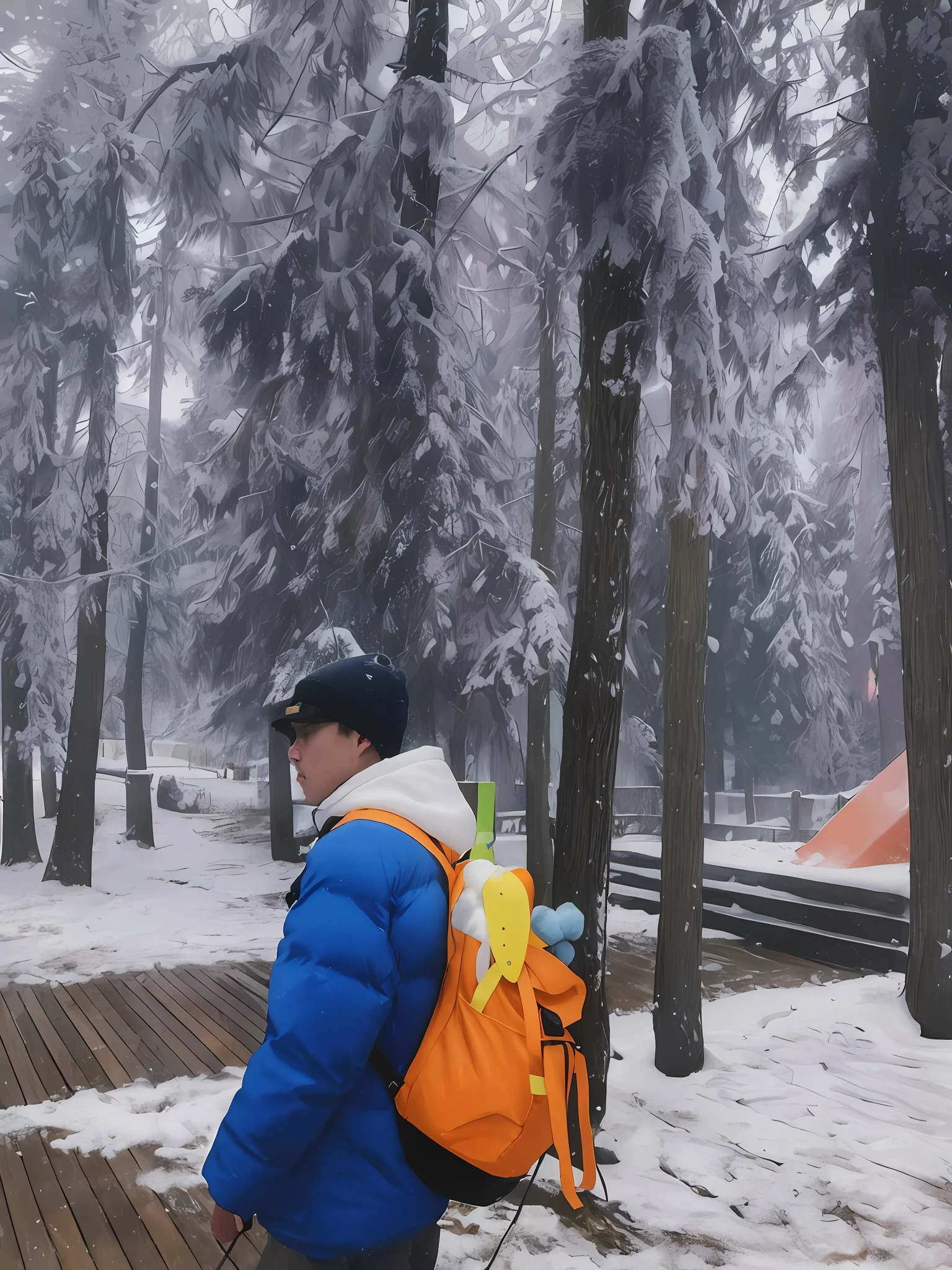Extreme cold,A man with a backpack walks in the snow,The snow of the forest covers everything,Beautiful and cold。Walk in the snow,Walk through the vast snow forest,Cold but wonderful。Reproduce snow scenes in 8K resolution,Snow and cold,The night sky is starry。 【ln the forest】【nigh sky】【Extreme cold】
