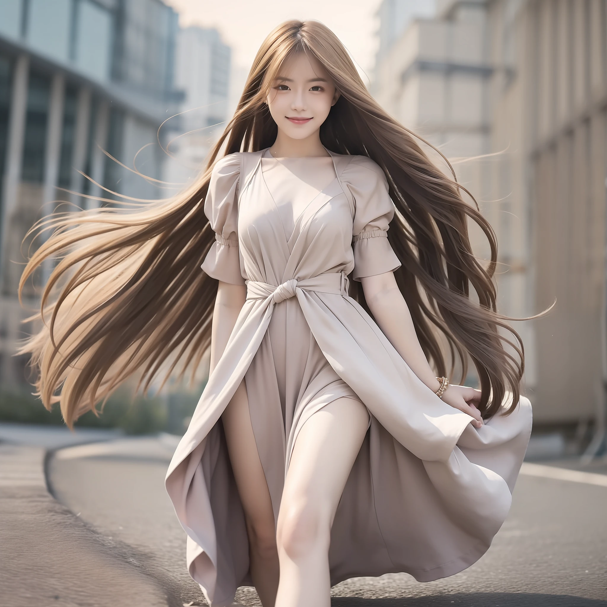 "(Best picture quality、A masterpice), white backgrounid, Ultra-thin paper,Sparkling, Beautiful and tasteful, The wind blew for a long time,ssmile, curly blond hair, Vivid and stunning,Scottish pleated maxi dress,Greater wind,The wind blows hair,Floating hair,Static clothes,Short sleeved bodice,extra very long hair,12 meters long hair,Hair grows to the floor,Correct limbs,fully body photo,standing on your feet,white short sleeve,Cross your hands at your waist,"