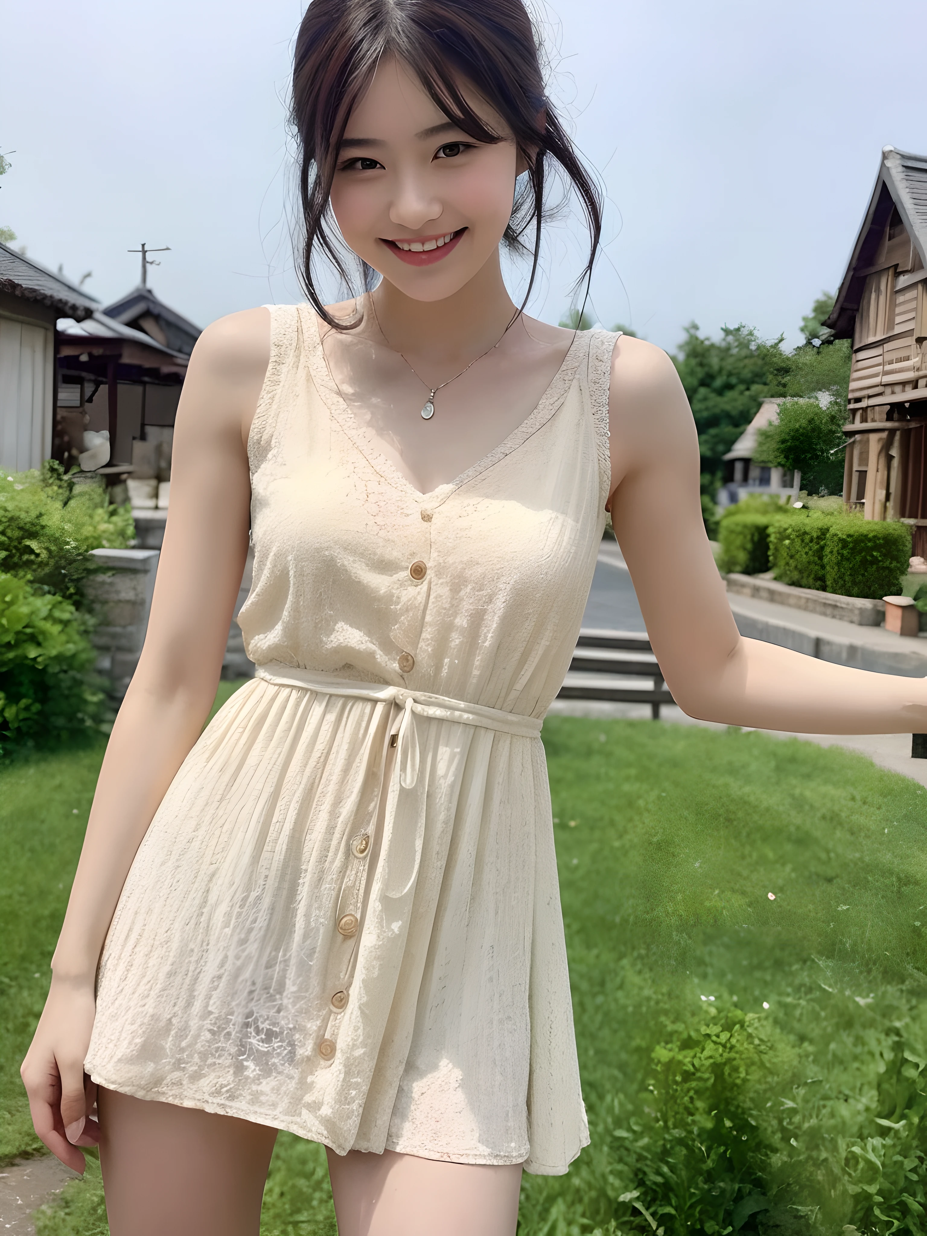 (((Best image quality,8K quality),tmasterpiece)), Drawing style tag: Natural casual hairstyle:1.2, dress detailed:1.1, The body emphasized: 1. Slender female abs:1.3, plumw:1.2, Summary of body details: Refined face:1, 二重まぶた:1, ssmile:1, Picture scene details: Beautiful village, Female life.