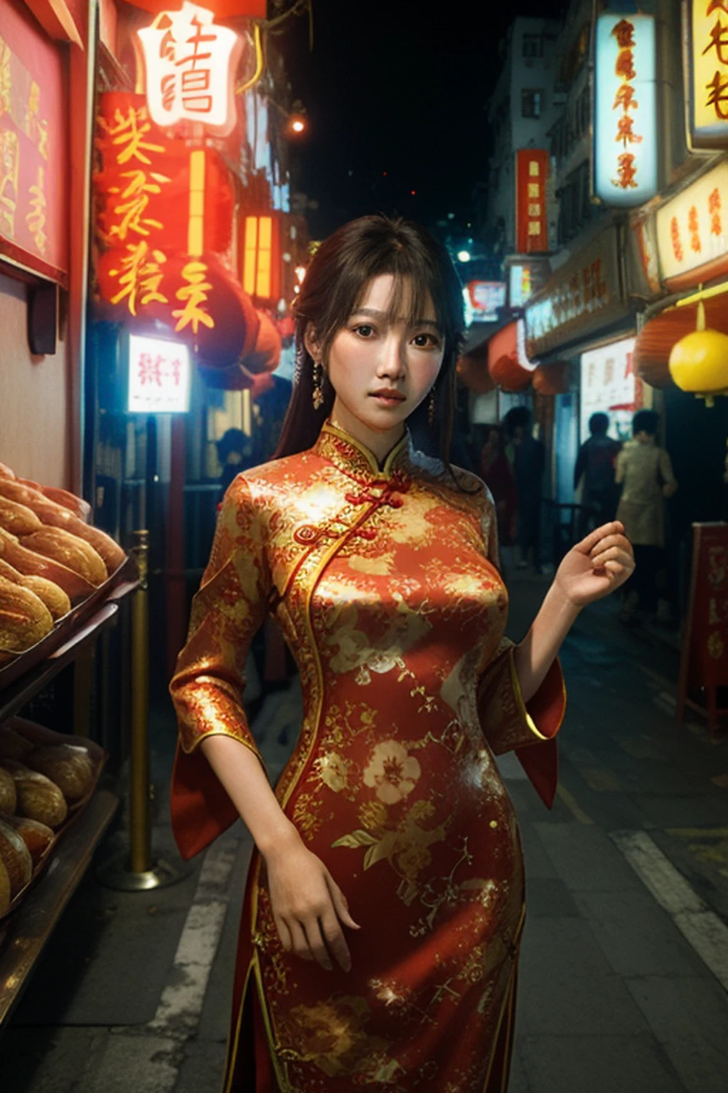 tmasterpiece,Ultra photo realsisim,32k,the Extremely Detailed CG Unity 8K Wallpapers,best qualtiy,1个Giant Breast Girl,Red cheongsam,cowboy lens,the street,hong kong street,(filmgrain:1.2),(Film Overlay:1.3),natta,