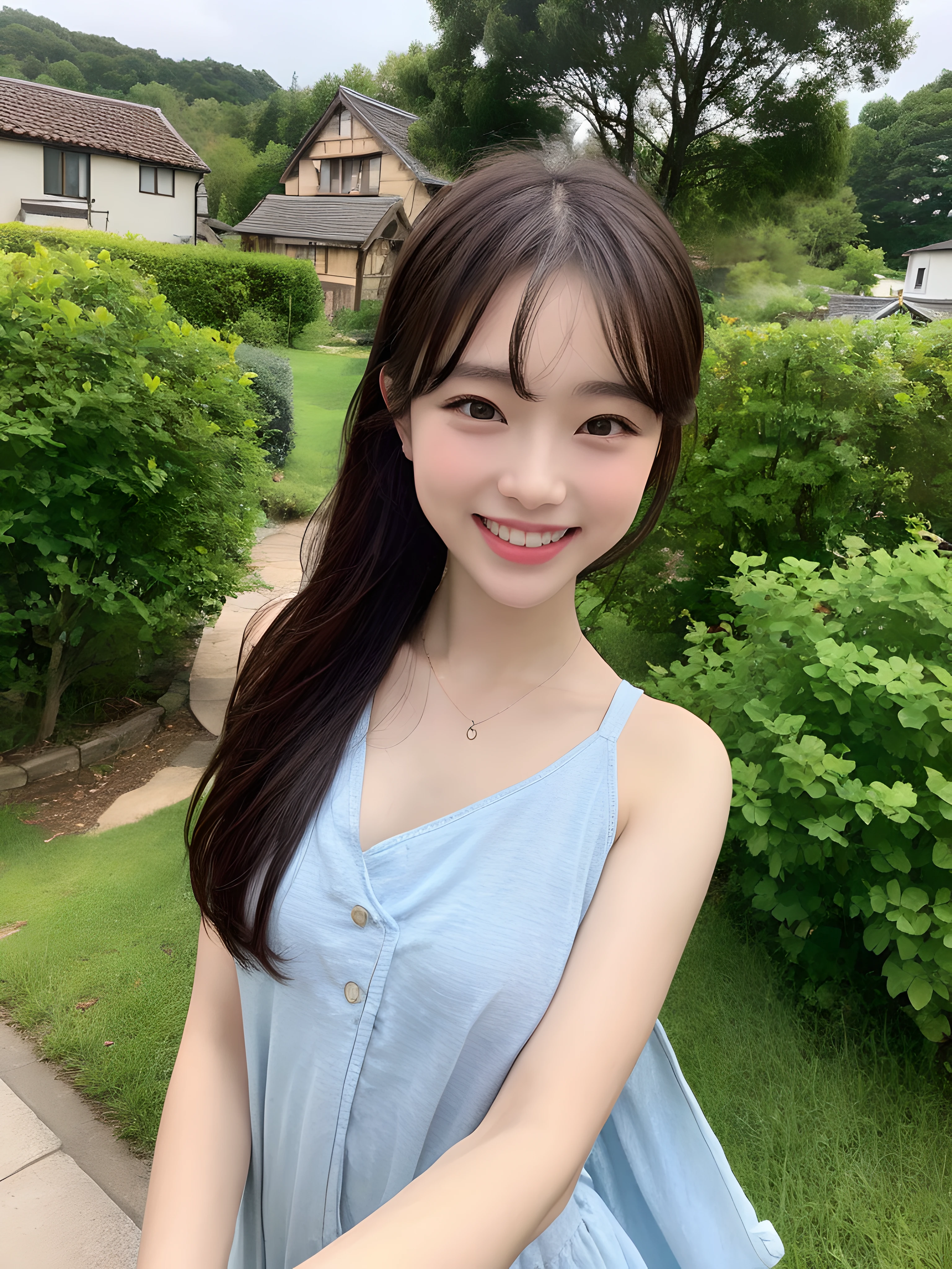 (((Best image quality,8K quality),tmasterpiece)), Drawing style tag: Natural casual hairstyle:1.2, dress detailed:1.1, The body emphasized: 1. Slender female abs:1.3, plumw:1.2, Summary of body details: Refined face:1, 二重まぶた:1, ssmile:1, Picture scene details: Beautiful village, Female life.