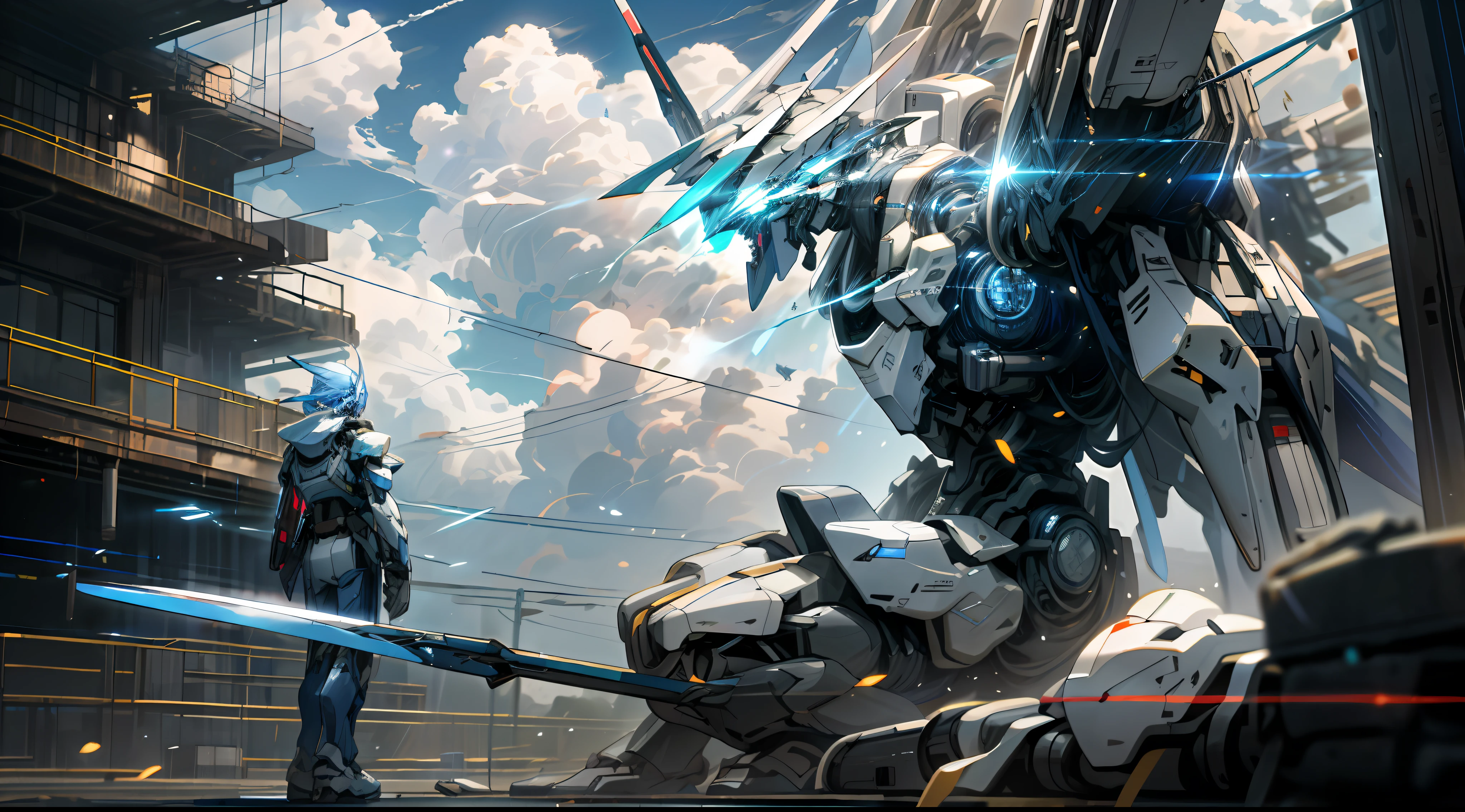 Skysky,clouds,holding_weapon,no_humans,with light glowing,,droid,buliding,glowing_eyes,mecha,scientific fiction,城市,Realistis,mecha,Elbows are blue and white