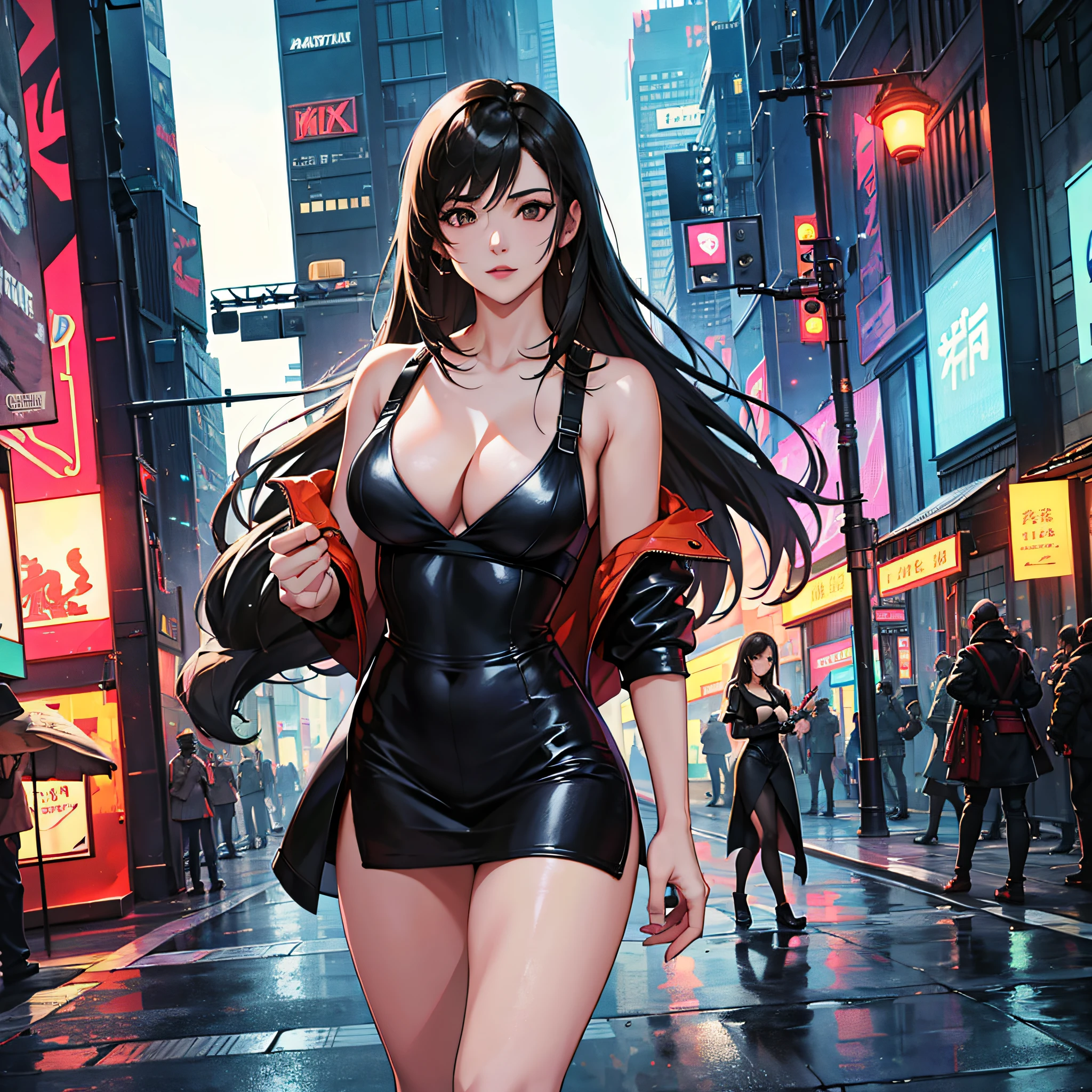 ff Tifa,best qualtiy,tmasterpiece,超高分辨率,(fidelity:1.4),RAW photogr,1girl,long leges,full bodyesbian,比基尼,big breasts exposed cleavage,deep shading,and the sun was shining brightly,Gorgeous costumes,Standing painting style,Cyberpunk-city,the street,neonlight --auto