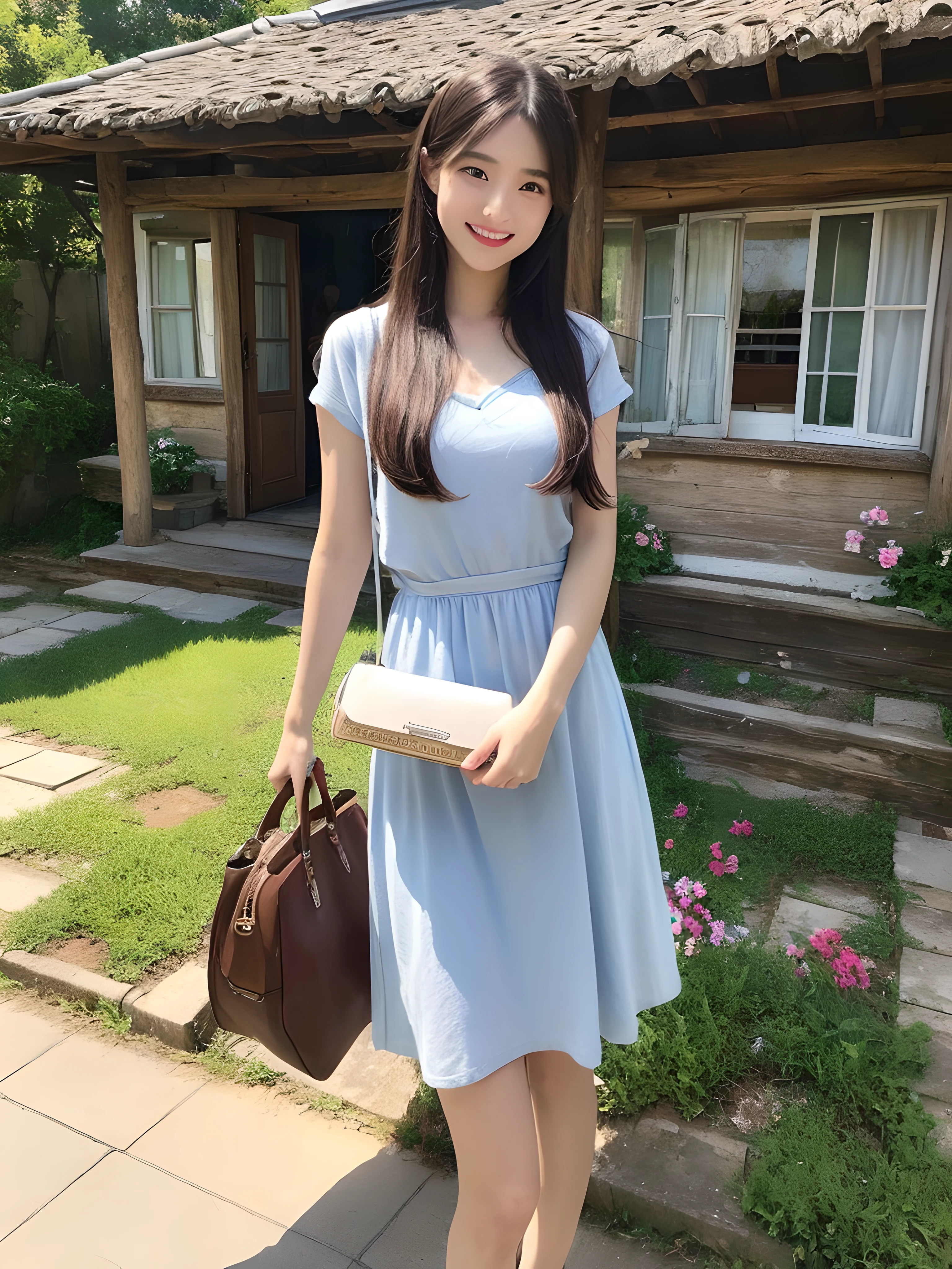 (((Best image quality,8K quality),tmasterpiece)), Drawing style tag: Natural casual hairstyle:1.2, dress detailed:1.1, The body emphasized: 1. Slender female abs:1.3, plumw:1.2, Summary of body details: Refined face:1, 二重まぶた:1, ssmile:1, Picture scene details: Beautiful village, Female life.