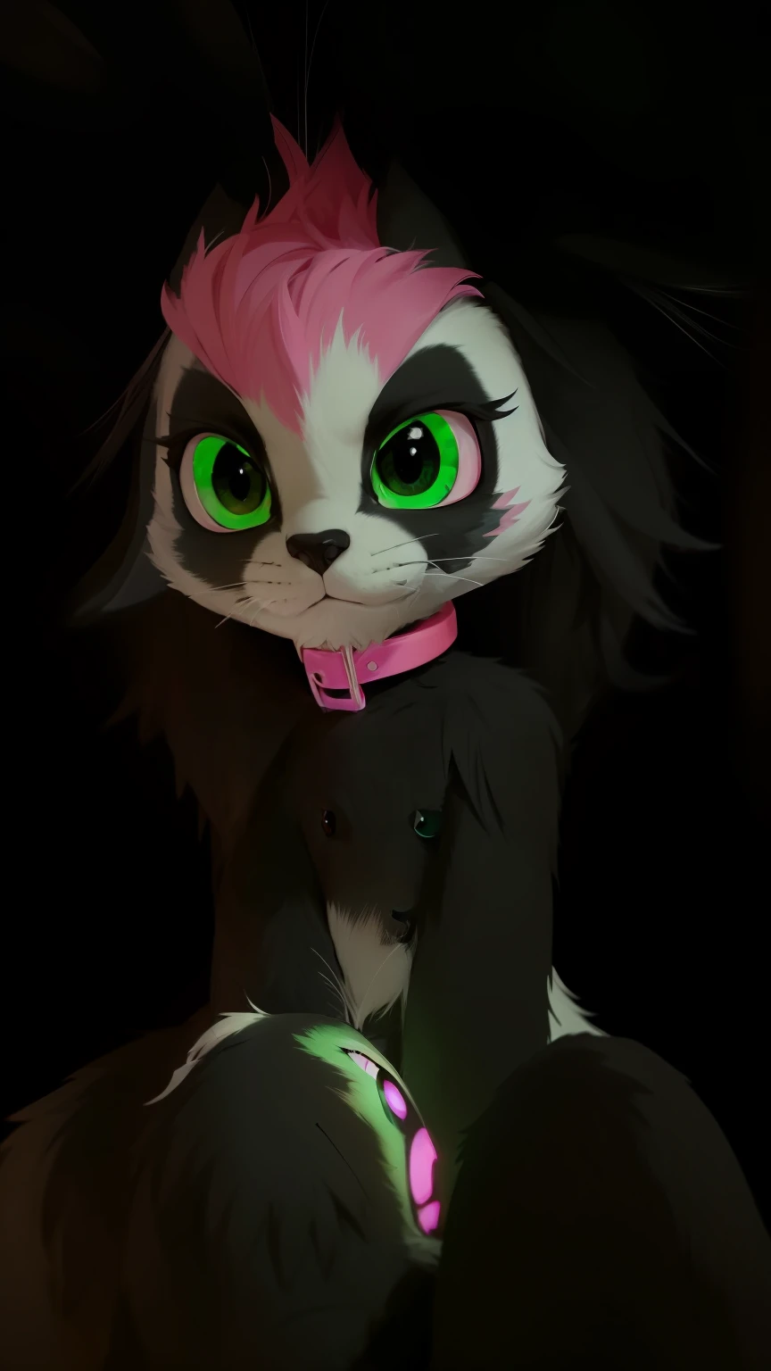 cartoon black and white fur bunny with pink hair and green eyes sitting in the dark, disney stylized furry, glowing green eyes, large glowing eyes, handsome bunny fursona portrait