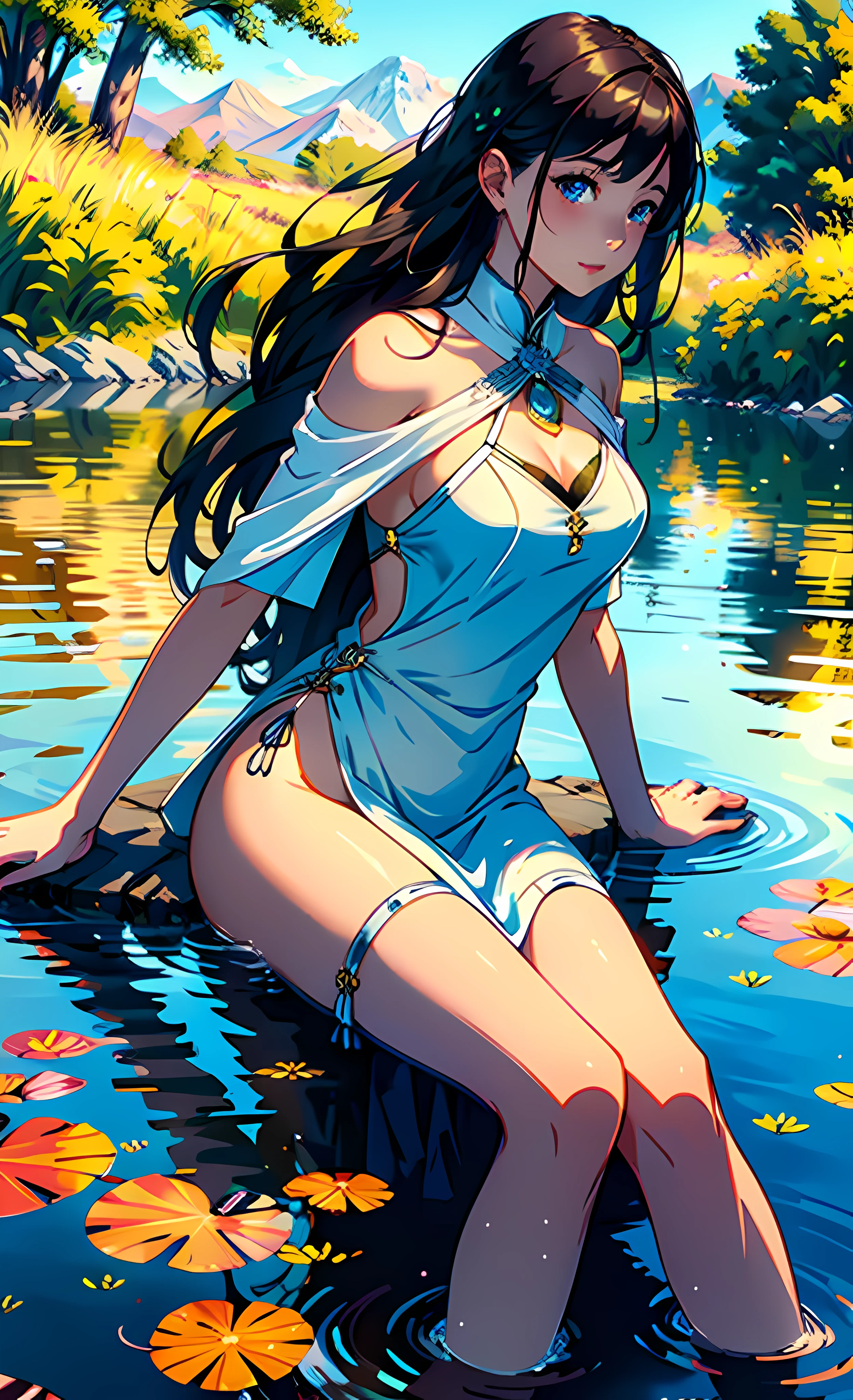 1 girl, serene expression, mesmerizing eyes, straight long hair, flowing dress, poised posture, porcelain skin, subtle blush, crystal pendant
BREAK
golden hour, (rim lighting):1.2, warm tones, sun flare, soft shadows, vibrant colors, painterly effect, dreamy atmosphere
BREAK
scenic lake, distant mountains, willow tree, calm water, reflection, sunlit clouds, peaceful ambiance, idyllic sunset, ultra detailed, official art, unity 8k wallpaper
, zentangle, mandala