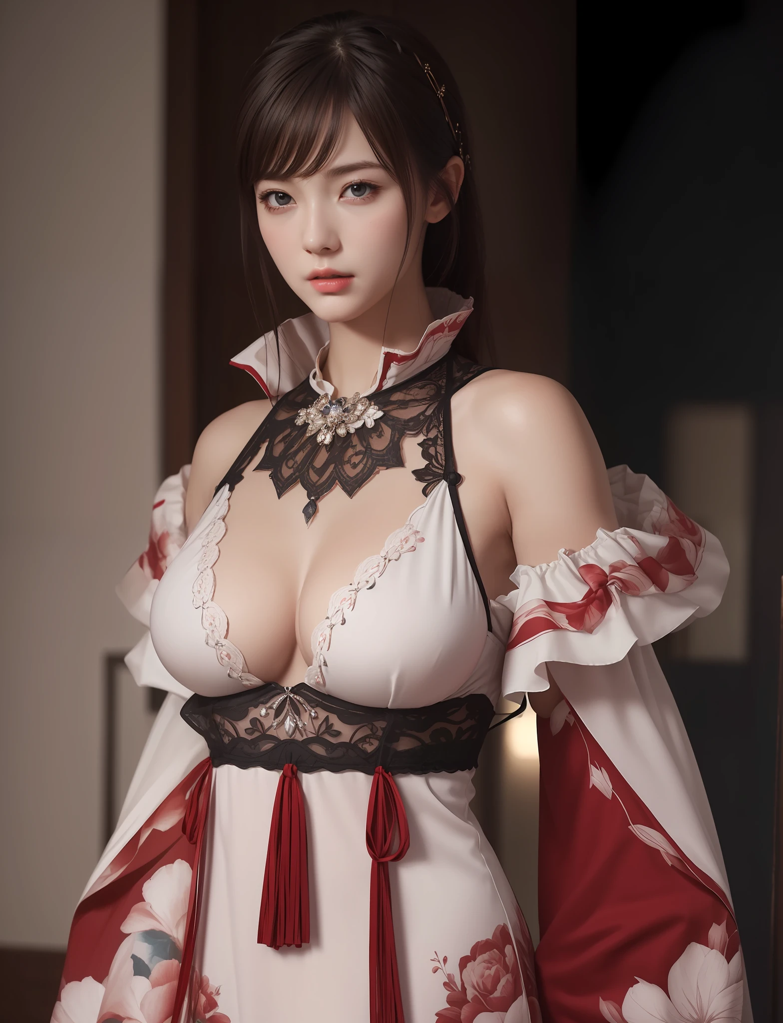 (masterpiece, best quality, extremely detailed 8k, ultra hd, ultra-detailed, highly detailed, highly realistic, ultra-realistic, photo realistic), (1girl:1.5), (detailed realistic skin), (realistic big breasts), slender abs,