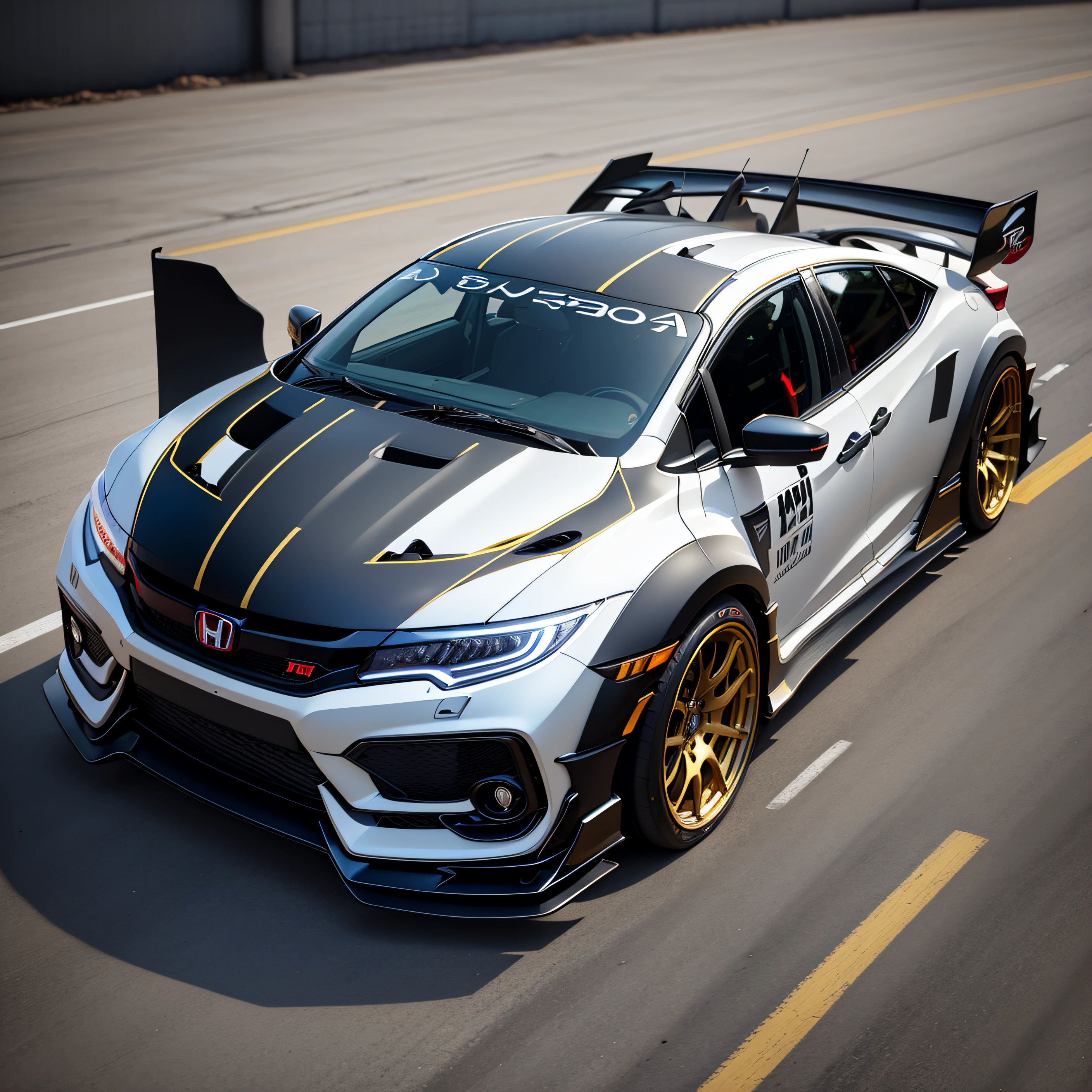 Honda Civic Type R chassis code FL5 Side 45 degrees Champion body-in-white rear wing 19-inch black wheels Black background with some gold flash --auto