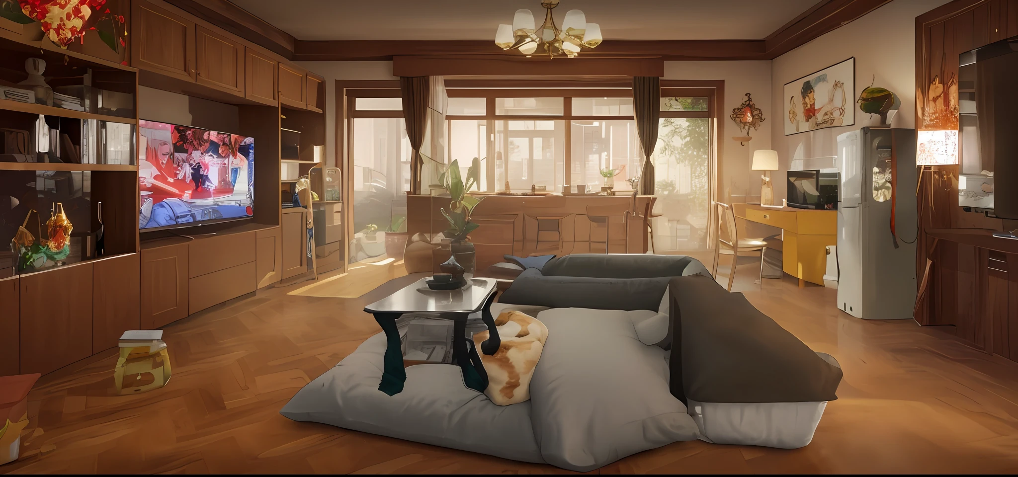 there is a living room with a couch, A table, and a tv, Relaxing concept art, Realistic afternoon lighting, cozy home background, highly detailed scenario, interior background art, highly detailed 3d render, highly detailed 3d render, rendered in unreal engine 3, realistic fantasy rendering, 3 d stylize scene, rendered in unrealengine, cozy living room background,photorealestic,sofe,tea table