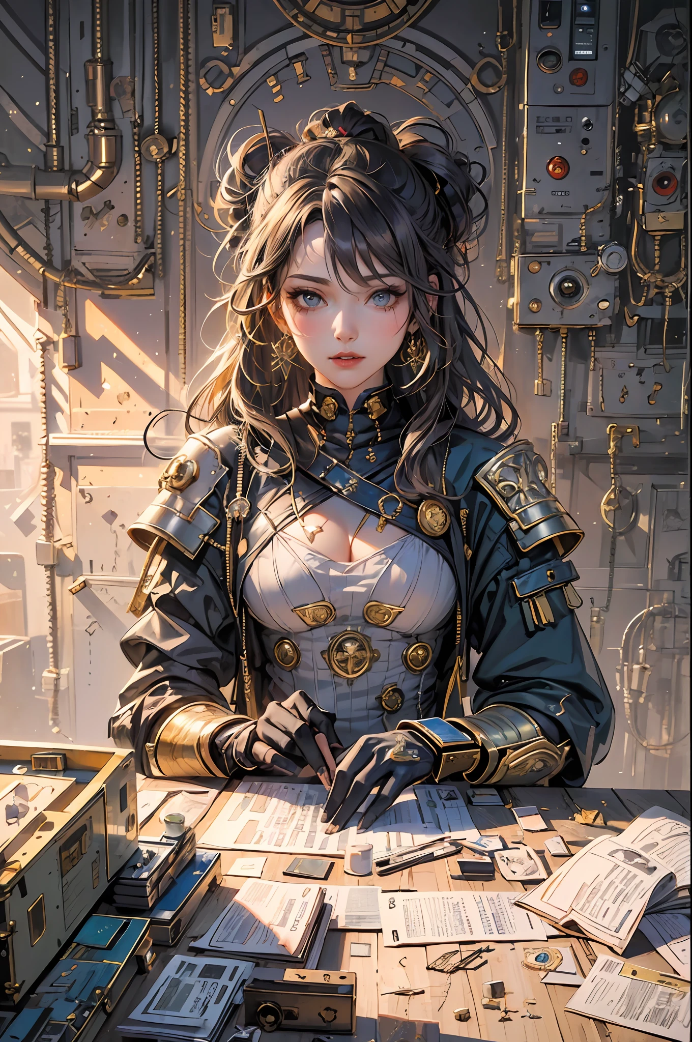 (1girl:1.3), looking at viewer, (steampunk suit, Maven, big natural sagging breast ,cleavage, marked cameltoe,Toned, Round Face, Olive Skin, Brunette Hair, Blue Eyes, Wide Nose, Full Lips, Receding Chin, Long Hair, Straight Hair, Wavy Updo, soft breasts, Threader earrings, golden, matte lipstick, Dystopian  steampunk metropolis),(masterpiece, best quality, detailed shiny skin:1.2), flawless, 8k, RAW, highres,absurdres,