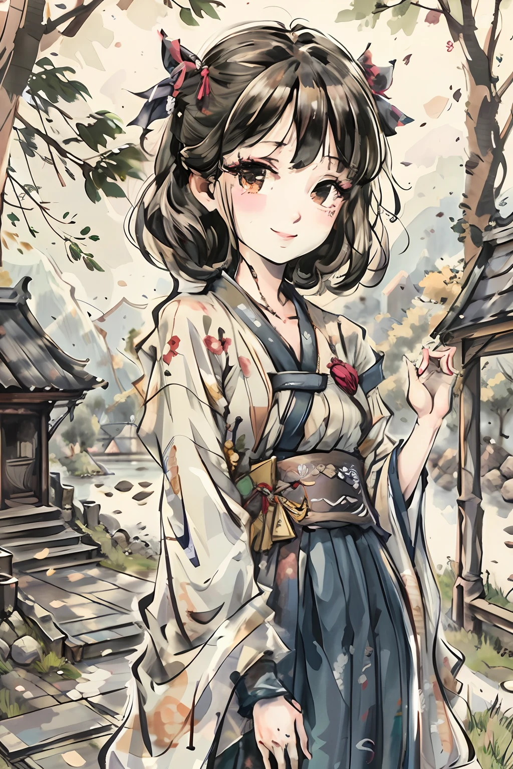 (masterpiece),best quality,good anatomy, shuimobysim,(1 girl:1), (upper body),(smile),short hair,(hanfu),(ecchi0.5), (trees:0.5), (flowers:0.6) ,(wooden house:0.2),(bamboo forest:0.2),(creek:0.2),(river:0.2),