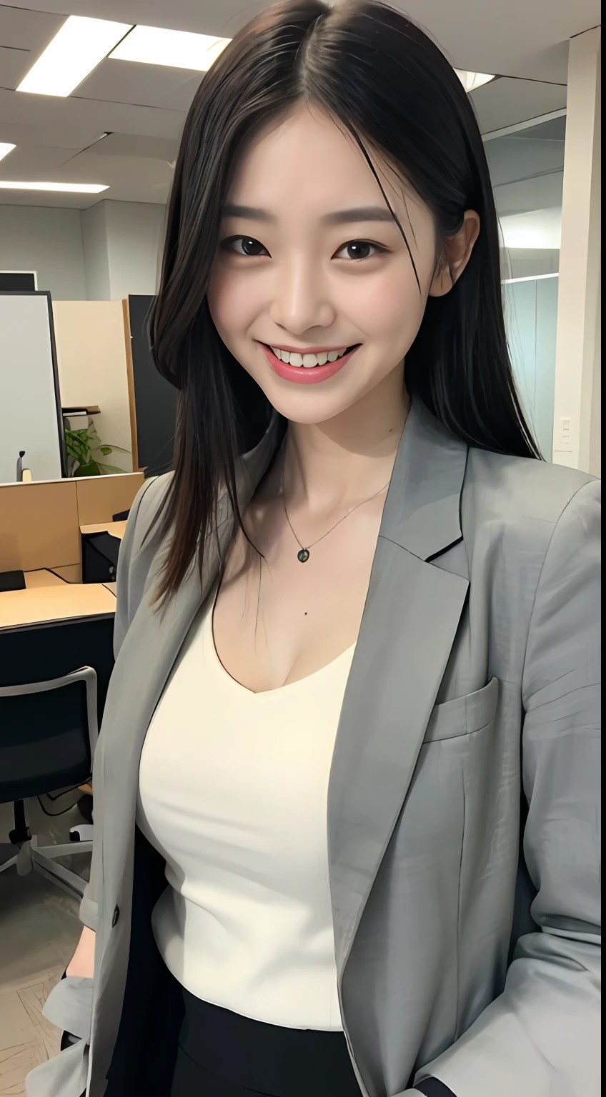 (8K, RAW photo, 超高分辨率, Best quality, Masterpiece:1.2), (Realistic illustration), (Extremely detailed Cg Unity 8K wallpaper), absurderes, 1 girl,21 I, Beautiful face,Medium breasts,Black medium hair,Smile,tilting head,grin,lowerbody,Slim skirt,Grey tailored jacket,Office,Machine lower body