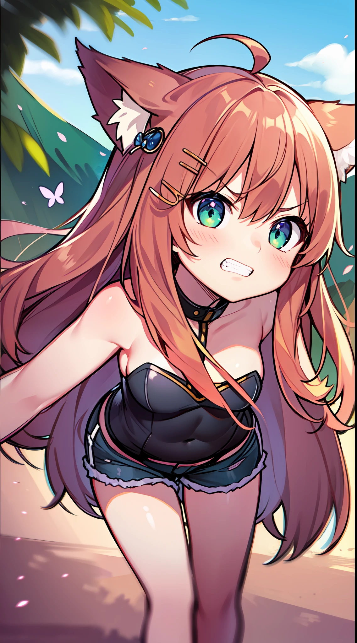 (dutch tilt, low angle:1.5), masterpiece, 8k wallpaper, absurdres, best quality, dynamic angle, 1girl, fox ears, charming, delicate, extremely cute, small breasts, crimson hair, ahoge, long hair, side locks, hair braids, detailed eyes, green eyes, (strapless top, shorts, big smile, show teeth, frowning eyes, standing, leaning forward:1.2), hair clips, blush, detailed background, outdoors, nature, sakura trees, sun, bushes, [butterflies], mountains, sun, clouds,