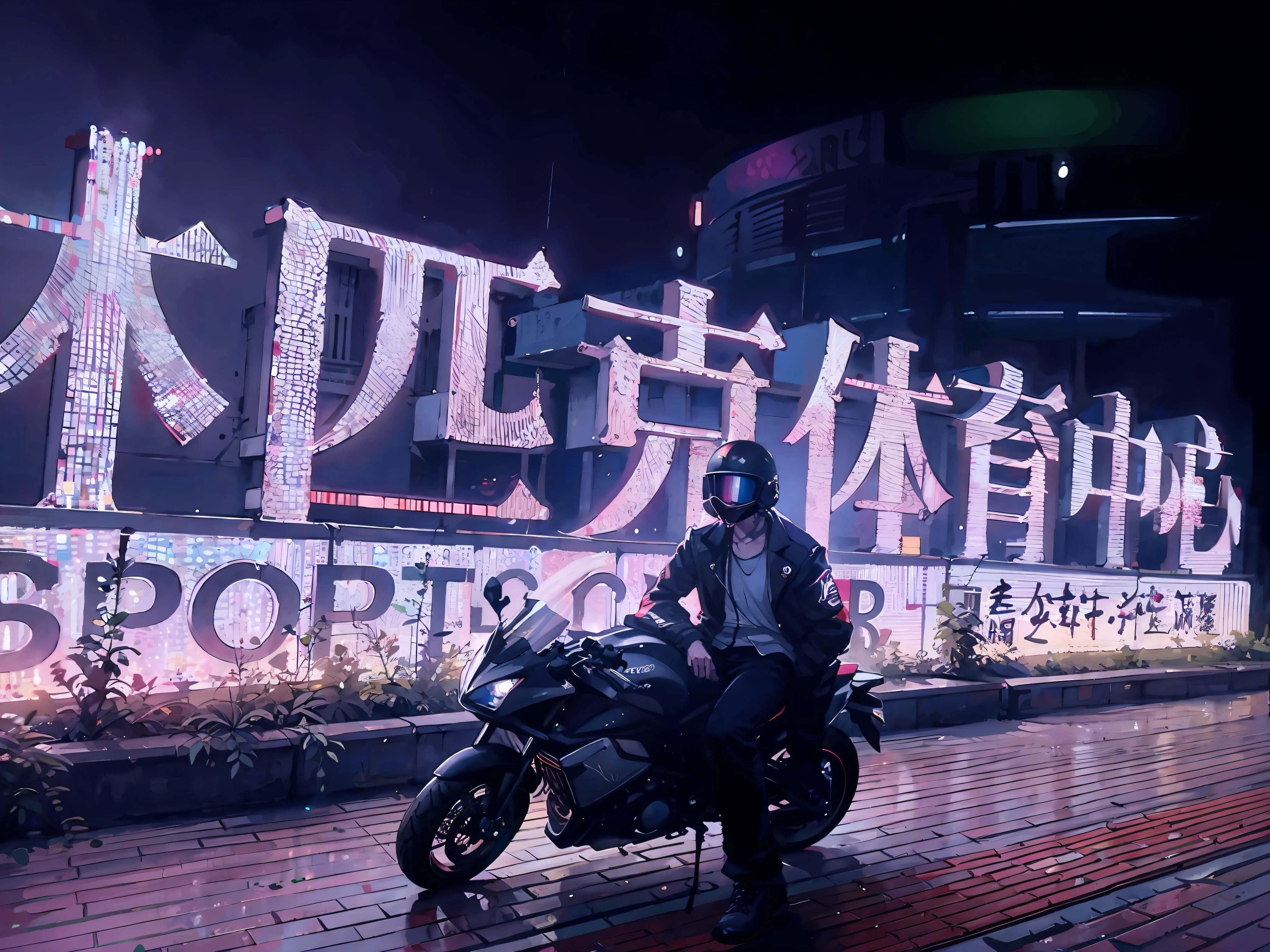 There was a man wearing a black combat helmet sitting in front of the logo of a motorcycle, neon signs in background, with neon signs, sitting on cyberpunk motorbike, Neon lights in the background, 🚿🗝📝, with neon lights, at future neon light rooftop, Li Zixin, inspired by Ding Yunpeng, inspired by Zhang Zongcang, at night with neon lights