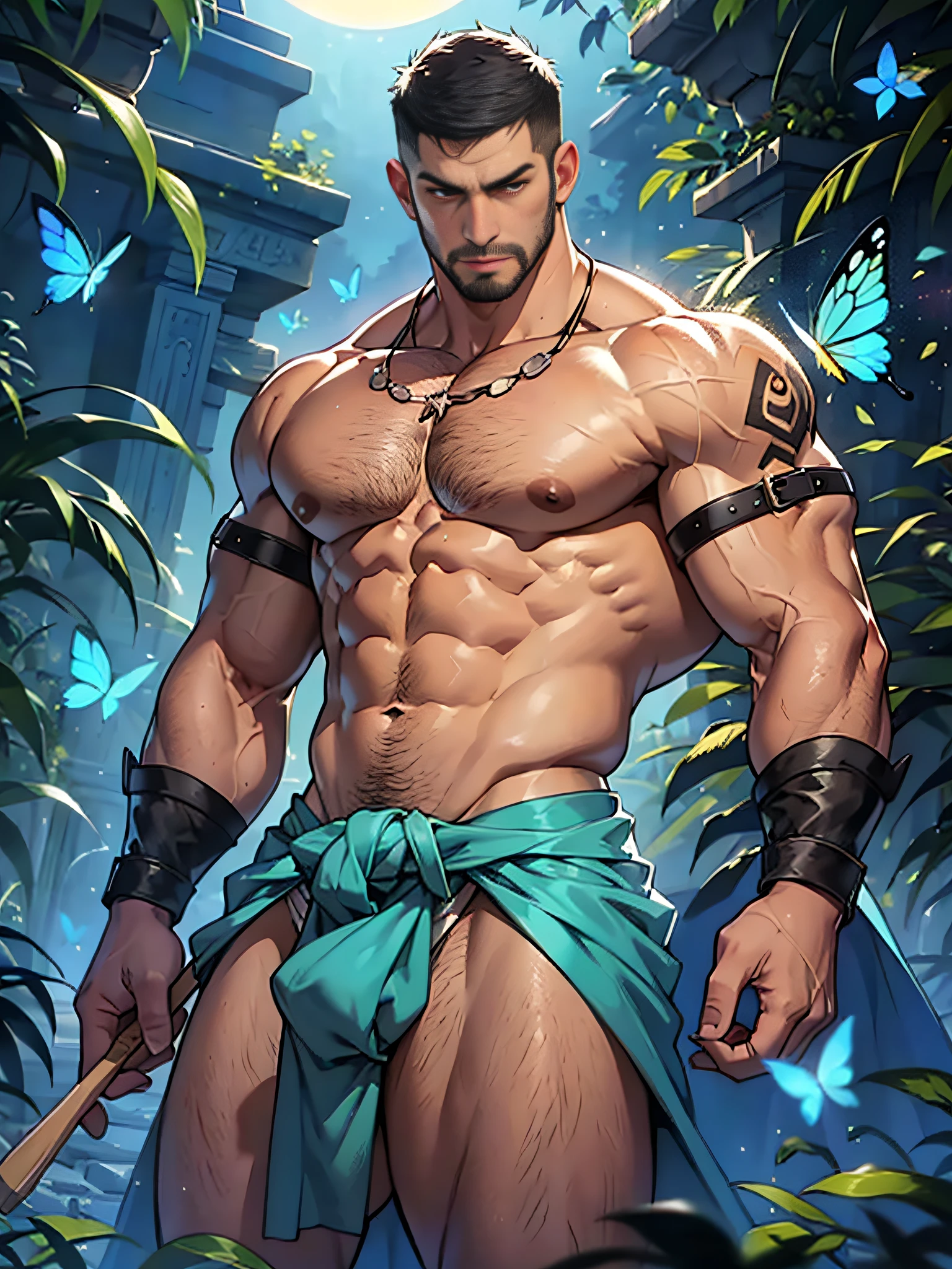 best qualtiy, tmasterpiece, 超高分辨率, illustration, 1 Men,Whiskers, musculature,penisbulge,with short black hair,Brush cut,Burly,Bruiser,Bright colors,blue butterflies,White loincloth,Abs,rays of moonlight,Particle light effects,Dreamlike,penisbulge,ancient greek clothes