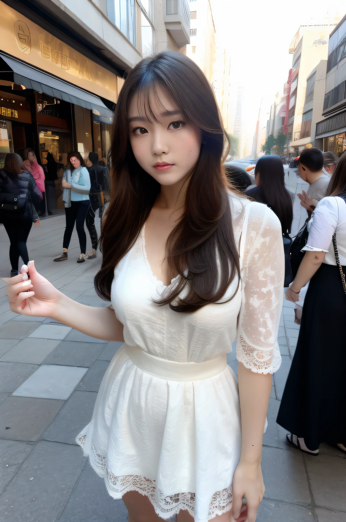 Araki woman in white dress standing on the sidewalk of the city, Korean girl, Gorgeous young Korean woman, Beautiful young Korean woman, beautiful Korean women, wears a white dress, a beautiful woman in white aodai, 8k selfie photograph, smooth white tight clothes suit, 2263539546], ulzzangs, jaeyeon nam