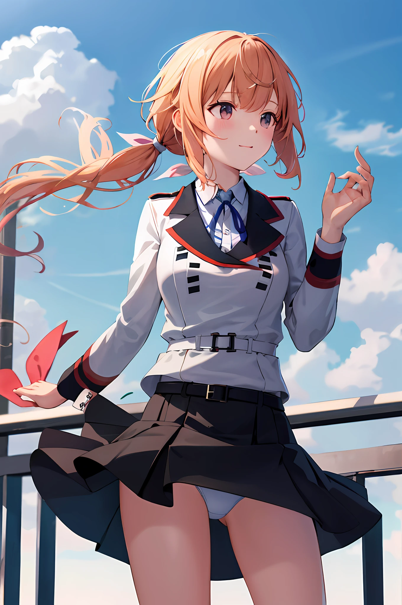 masterpiece, top-quality, hight resolution, SD1, Charlotte Dunoy, poneyTail, student clothes, skirt by the, Hair Ribbon, a belt, long-sleeve, cowboy shot,Panchira、sexy for,Underwear is visible、The wind is blowing、Detailed hands and fingers
